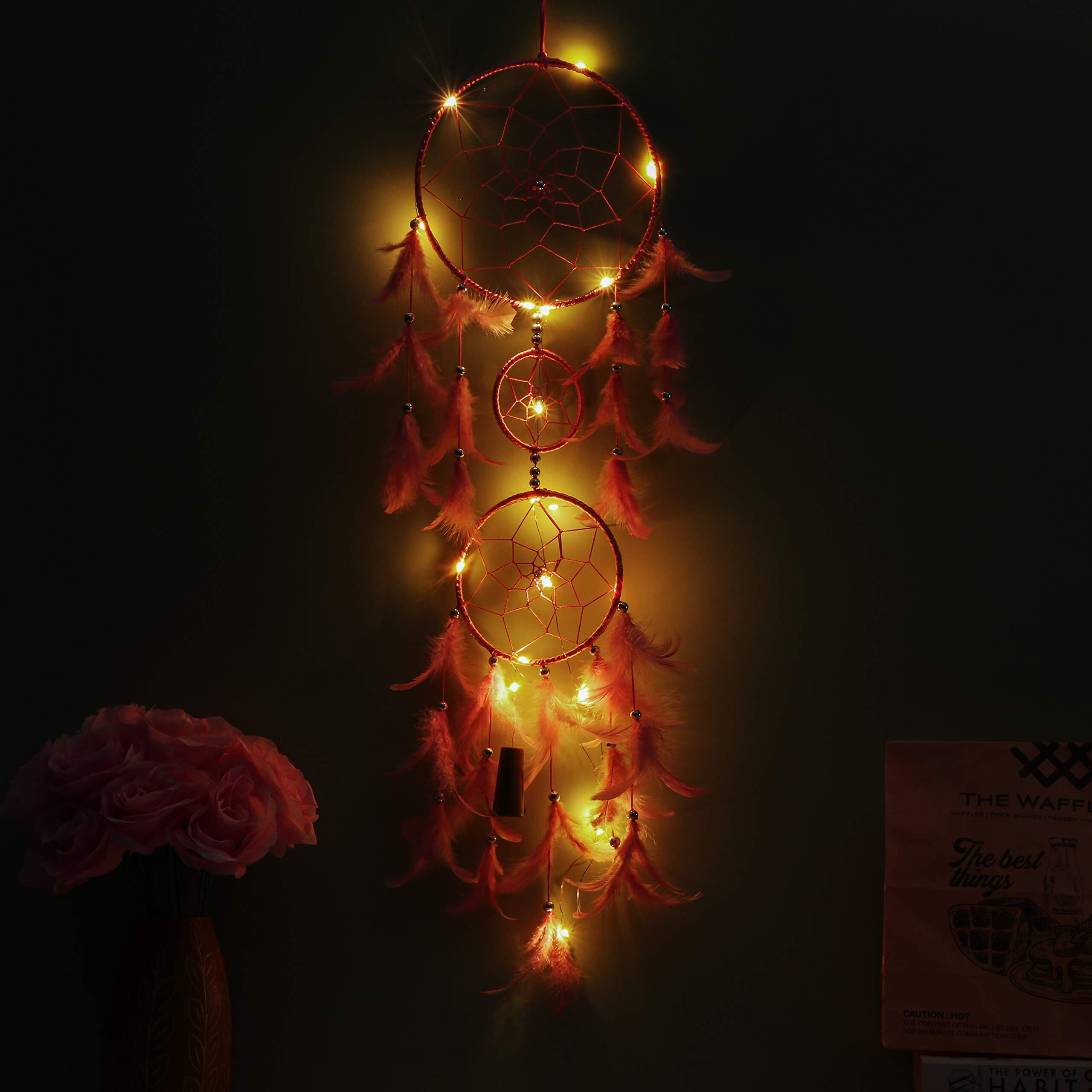 Ilu Dream Catcher With Lights, Wall Hangings, Crafts, Home Dcor, Handmade For Bedroom, Balcony, Garden, Party, Caf, Decoration, Wedding, Decorative, Pink Feathers (17 Cm Diameter)