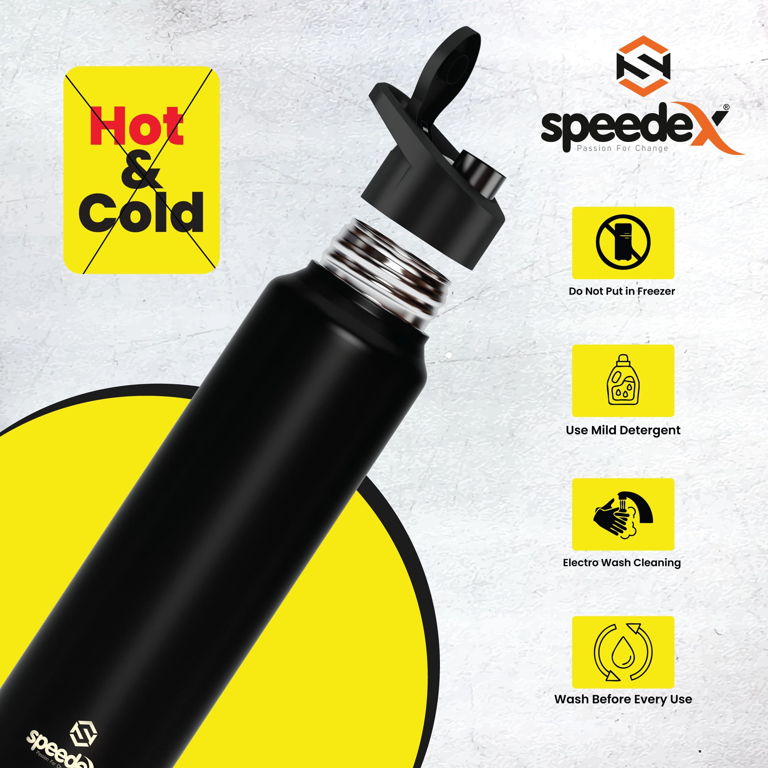 Speedex Stainless Steel Water Bottle 1 Ltr For Kids, Boys, Girls, 1 Litre Bottles For Gym, Sports, Fridge Use, School & Office - 1000Ml, Black Colour, Set Of 1, Sipper Cap