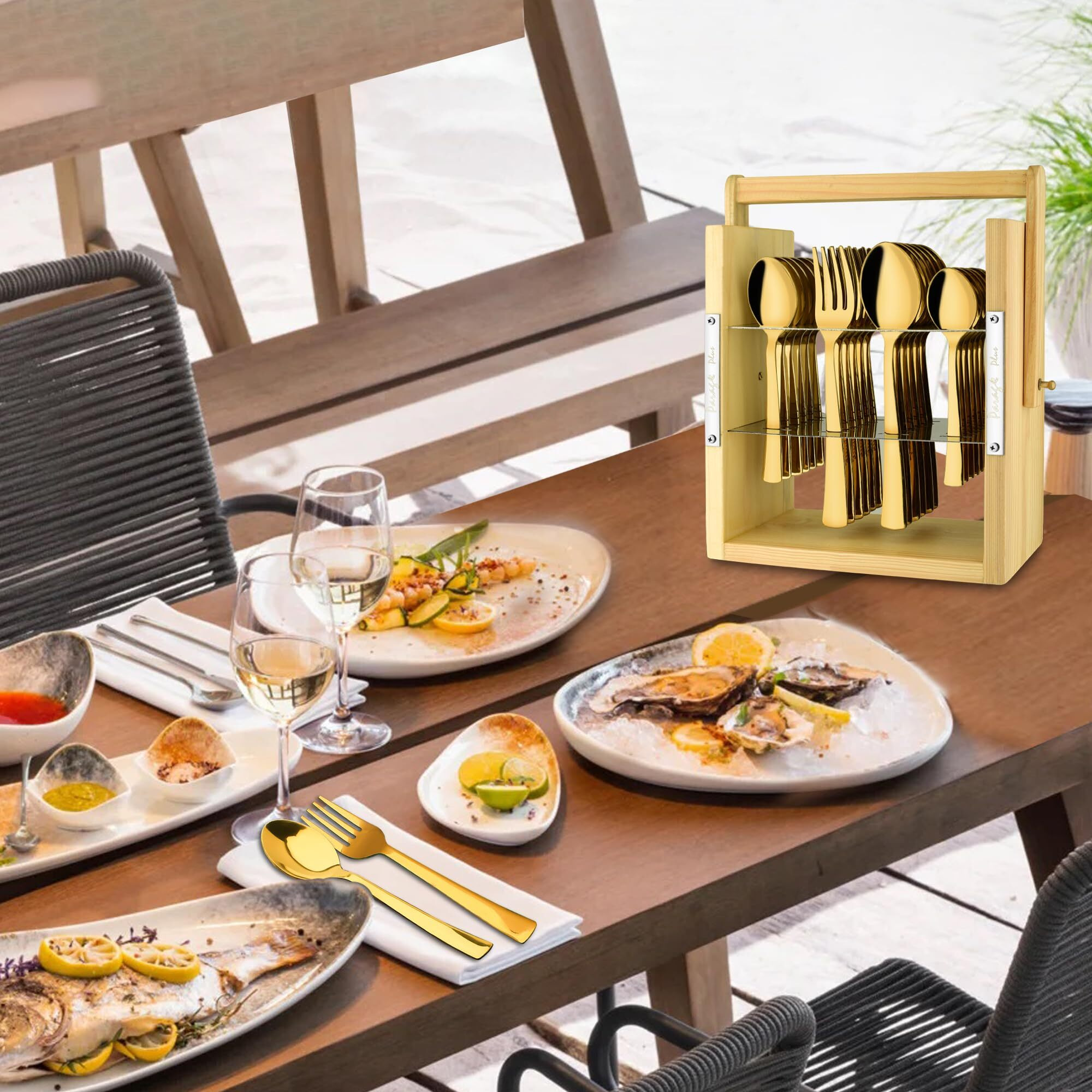 Parage 25 Pieces Stainless Steel Cutlery Set With Wooden Hanging Stand (Contains 6 Tea Spoons, 6 Table Spoons, 6 Table Forks, 6 Dinner Spoon, Stylish Premium Pvd Gold Spoon Set, Hanging Shelves)
