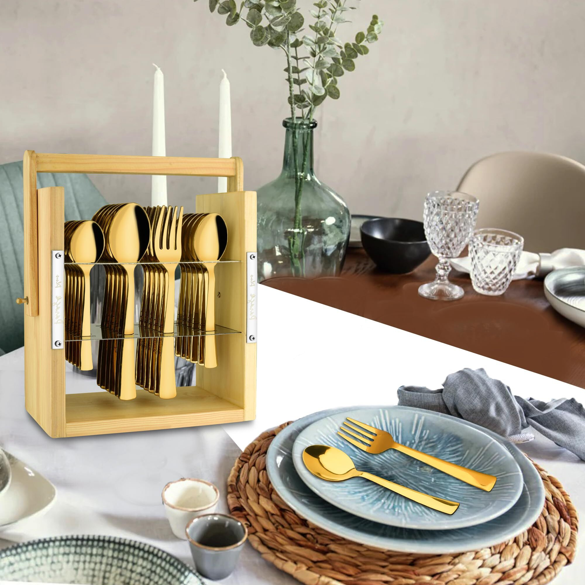 Parage 25 Pieces Stainless Steel Cutlery Set With Wooden Hanging Stand (Contains 6 Tea Spoons, 6 Table Spoons, 6 Table Forks, 6 Dinner Spoon, Stylish Premium Pvd Gold Spoon Set, Hanging Shelves)