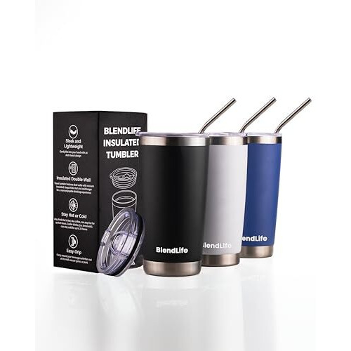 Blendlife Insulated Tumbler With Lid & Reusable Straw | 600Ml Stainless Steel Double-Wall Vacuum Travel Mug | Keeps Drinks Hot Or Icy Cold For Hours | Durable, Stylish Coffee & Beverage Mug | Blue