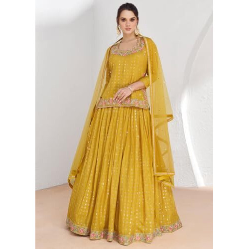 Miss Ethnik Women's Yellow Chinon Stitched Top With Stitched Bottom And Dupatta Full Sleeve Embroidered Straight Choli (Me-1170-Yellow-Xxl)