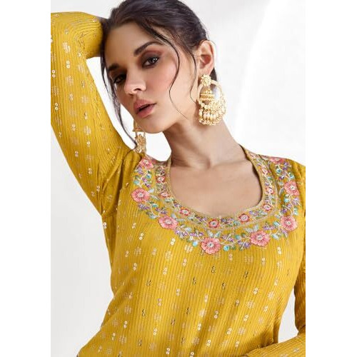 Miss Ethnik Women's Yellow Chinon Stitched Top With Stitched Bottom And Dupatta Full Sleeve Embroidered Straight Choli (Me-1170-Yellow-Xxl)