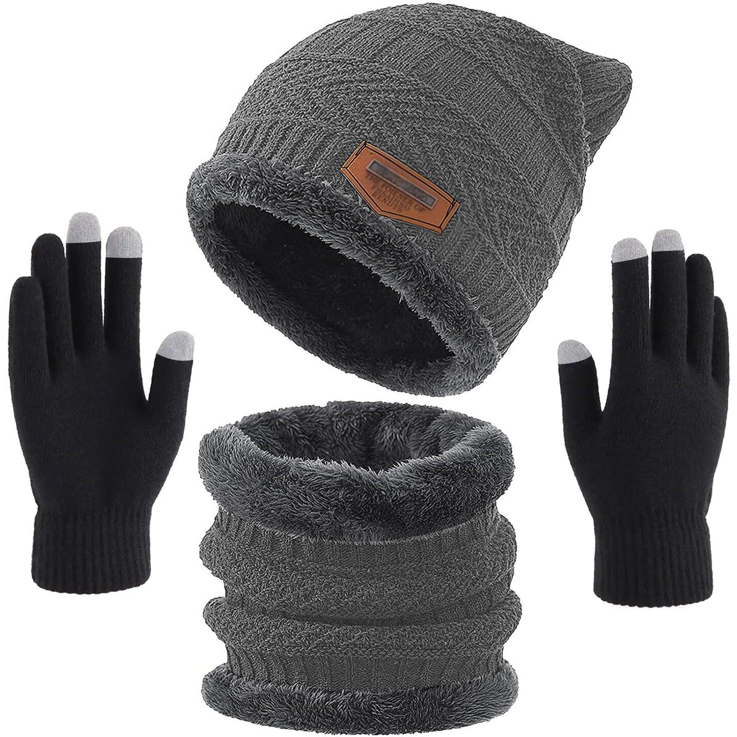 Wearslim Wool Winter Casual Style Beanie Hats Scarf Gloves Set, Winter Warm Knit Skull Cap With Gloves, Neck Warmer For Men Women-Grey, Free Size