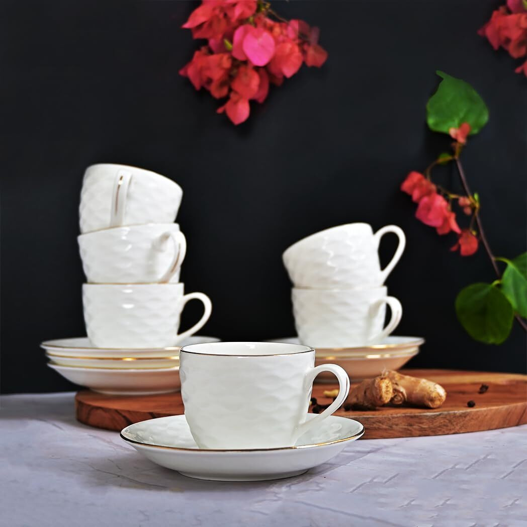 Femora Indian Ceramic Gold Line Wave Ripple Pattern White Tea Cups, Mugs And Saucer-200 Ml - Set Of 6 (6 Cups, 6 Saucer)