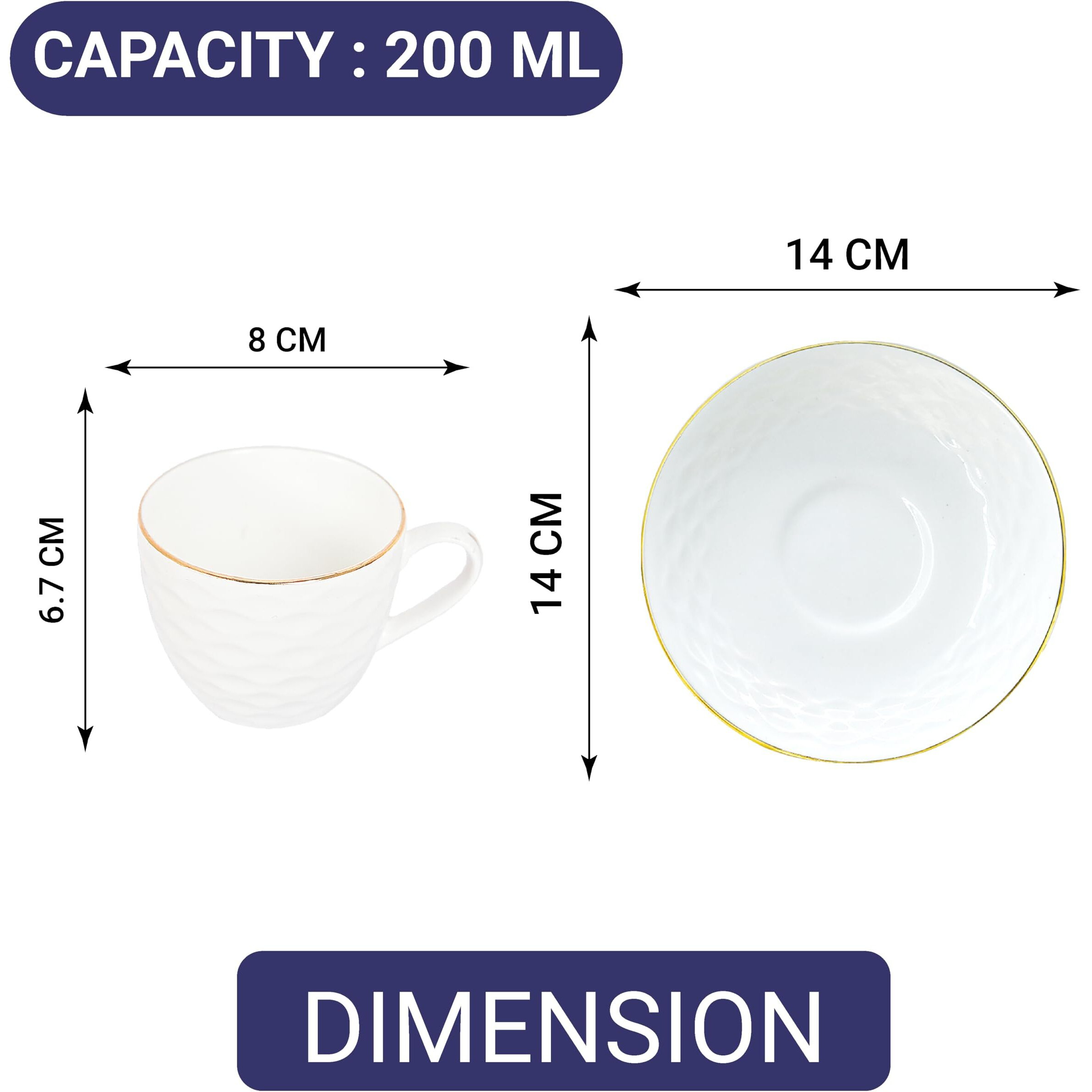 Femora Indian Ceramic Gold Line Wave Ripple Pattern White Tea Cups, Mugs And Saucer-200 Ml - Set Of 6 (6 Cups, 6 Saucer)