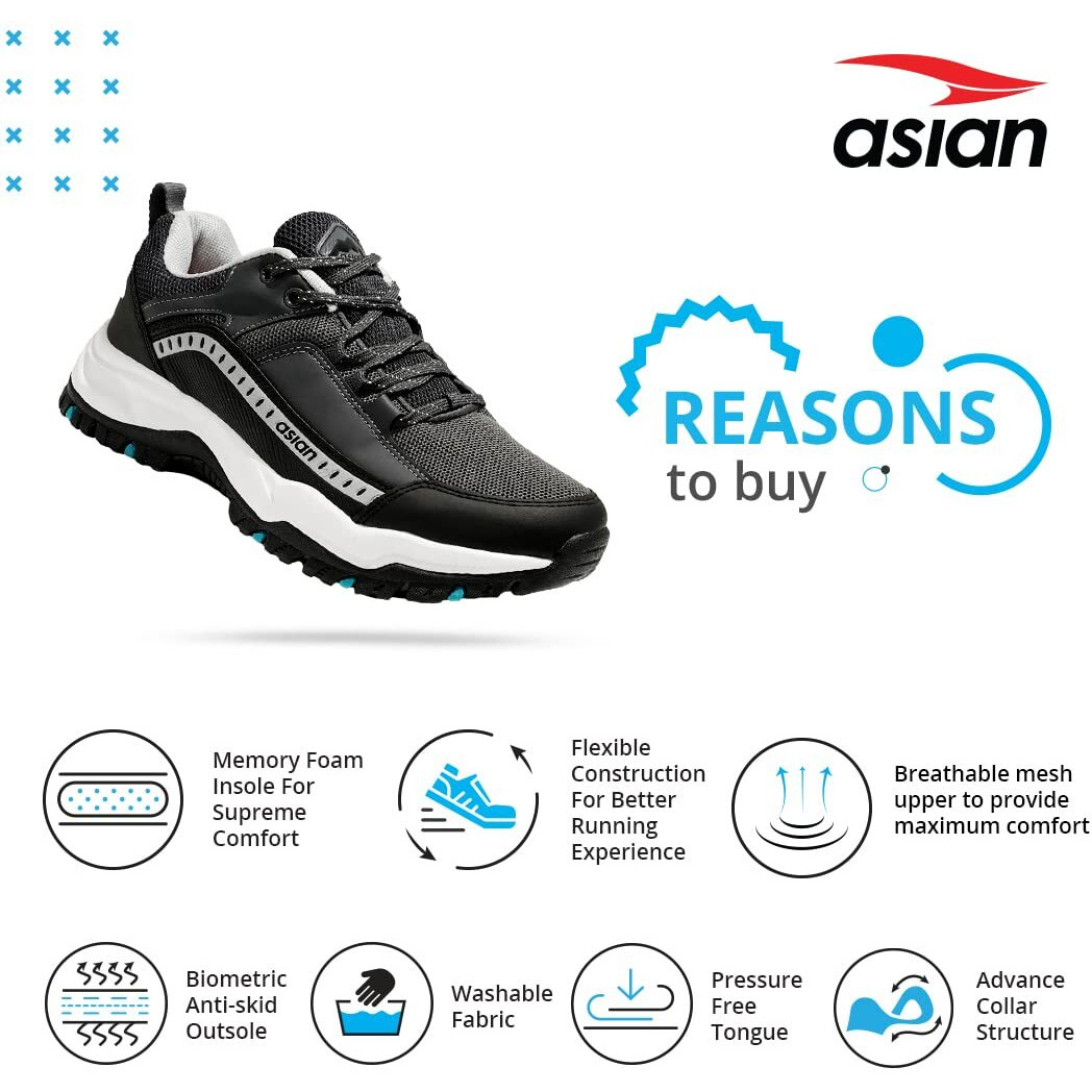 Asian Men's Everest-01 Sports Trekking & Hiking,Walking Shoes With Rubber Outsole & Memory Foam Insole Lace-Up Shoes For Men's & Boy's Dark Grey