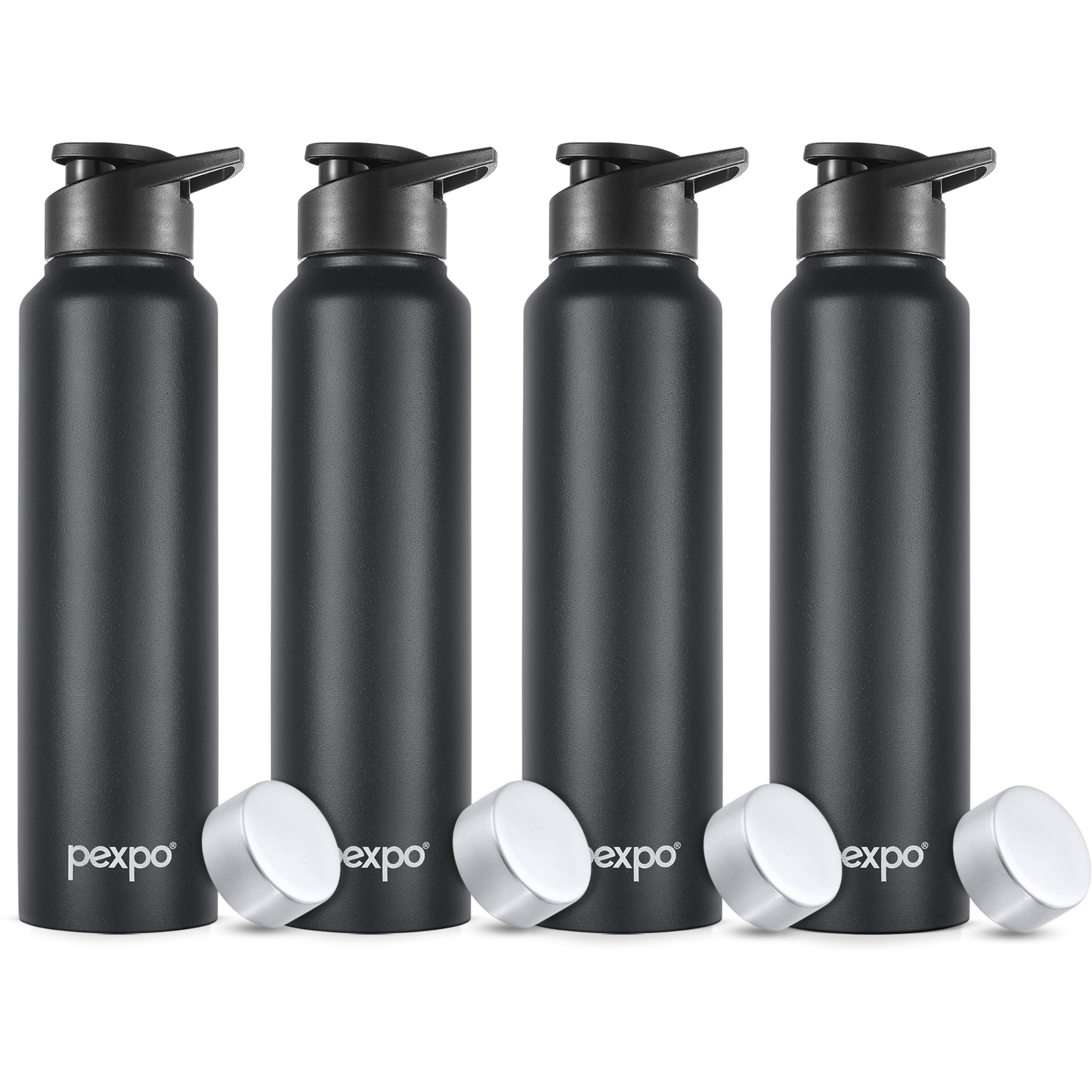 Pexpo Chromo Stainless Steel Sports/Fridge Water Bottle With Sipper & Steel Cap, 1 Litre, Knight Black Set Of 4| Bpa Free | Water Bottle For Office, Gym, School, Yoga, Trekking, Adults & Kids