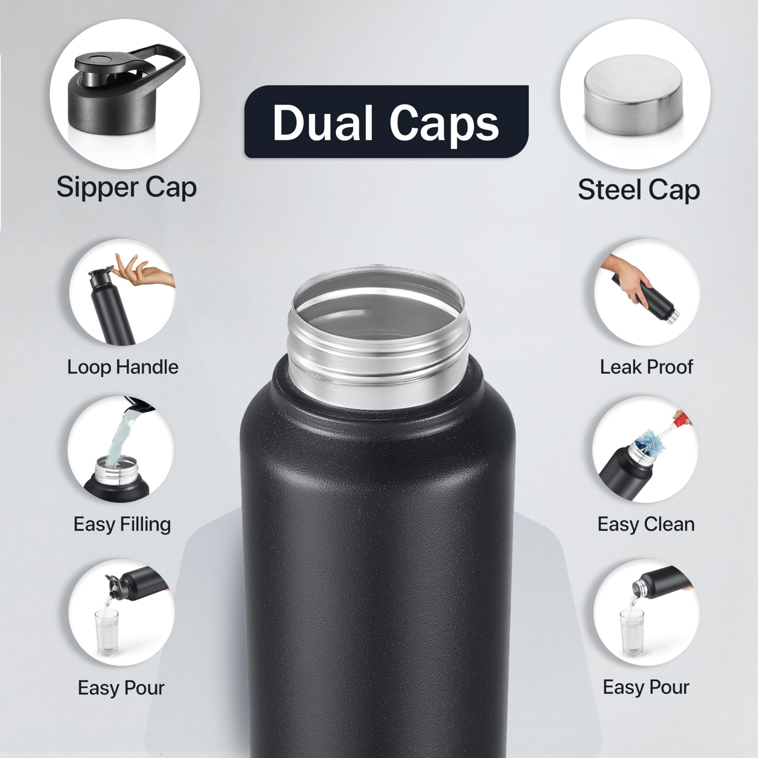 Pexpo Chromo Stainless Steel Sports/Fridge Water Bottle With Sipper & Steel Cap, 1 Litre, Knight Black Set Of 4| Bpa Free | Water Bottle For Office, Gym, School, Yoga, Trekking, Adults & Kids