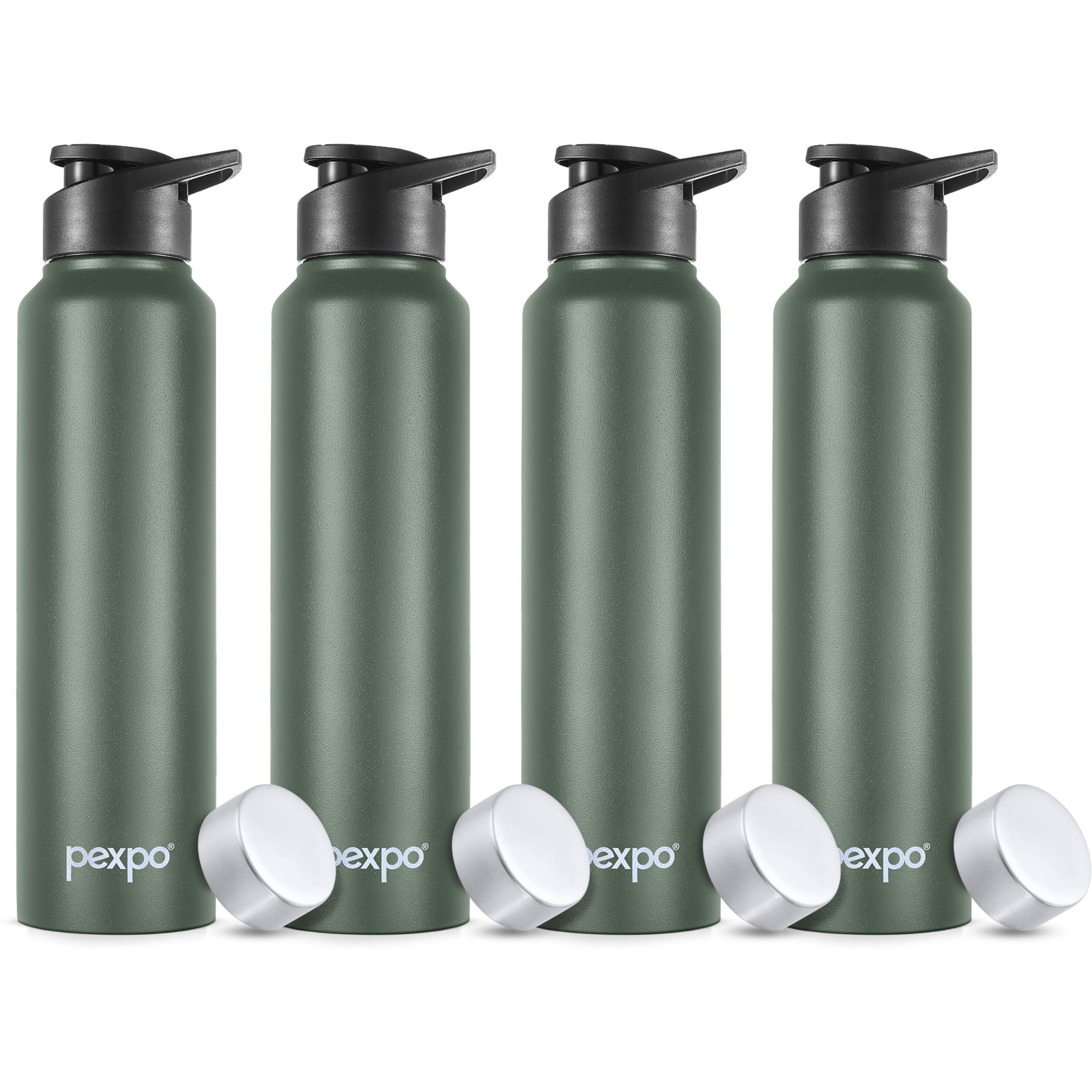 Pexpo Chromo Stainless Steel Sports/Fridge Water Bottle With Sipper & Steel Cap, 1 Litre, Military Green Pack Of 4| Bpa Free | Water Bottle For Office, Gym, School, Yoga, Trekking, Adults & Kids