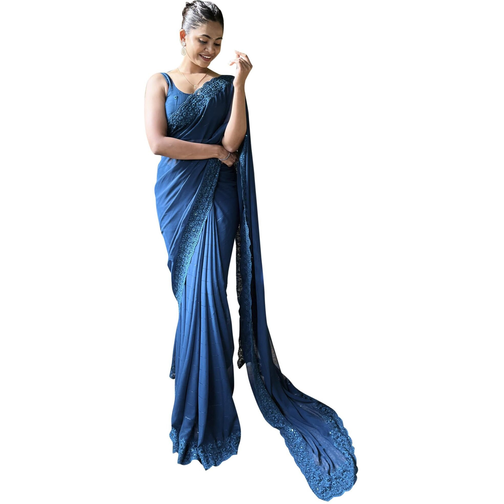 Akhilam Women's Georgette Embellished Embroidered Saree With Unstitched Blouse Piece(Teal Blue_Kesari4103_Kr)