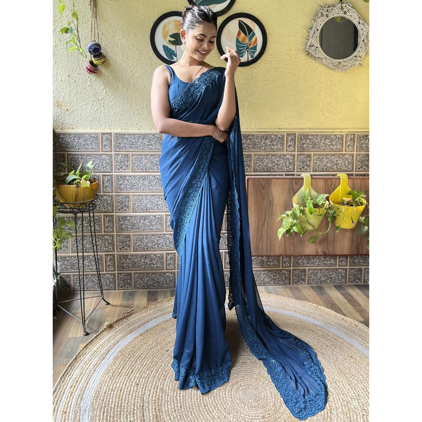 Akhilam Women's Georgette Embellished Embroidered Saree With Unstitched Blouse Piece(Teal Blue_Kesari4103_Kr)