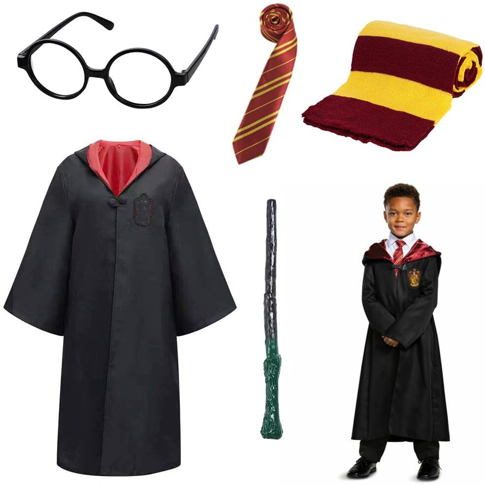 Patpat Polyester Gryffindor Costume Set Halloween Costume Set Of 5Pcs Magic Harry Pottery Costume Set With Glasses, Magic Wand, Robe, Scarf, Tie, Cosplay Costume For Kids 5-6 Years, Black