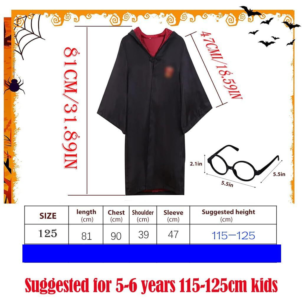 Patpat Polyester Gryffindor Costume Set Halloween Costume Set Of 5Pcs Magic Harry Pottery Costume Set With Glasses, Magic Wand, Robe, Scarf, Tie, Cosplay Costume For Kids 5-6 Years, Black