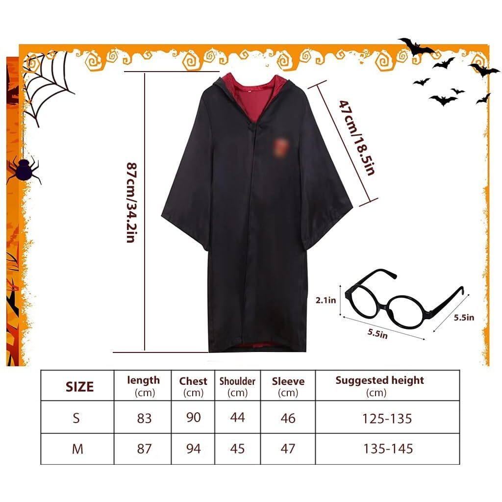 Patpat Polyester Gryffindor Costume Set Halloween Costume Set Of 5Pcs Magic Harry Pottery Costume Set With Glasses, Magic Wand, Robe, Scarf, Tie, Cosplay Costume For Kids 5-6 Years, Black