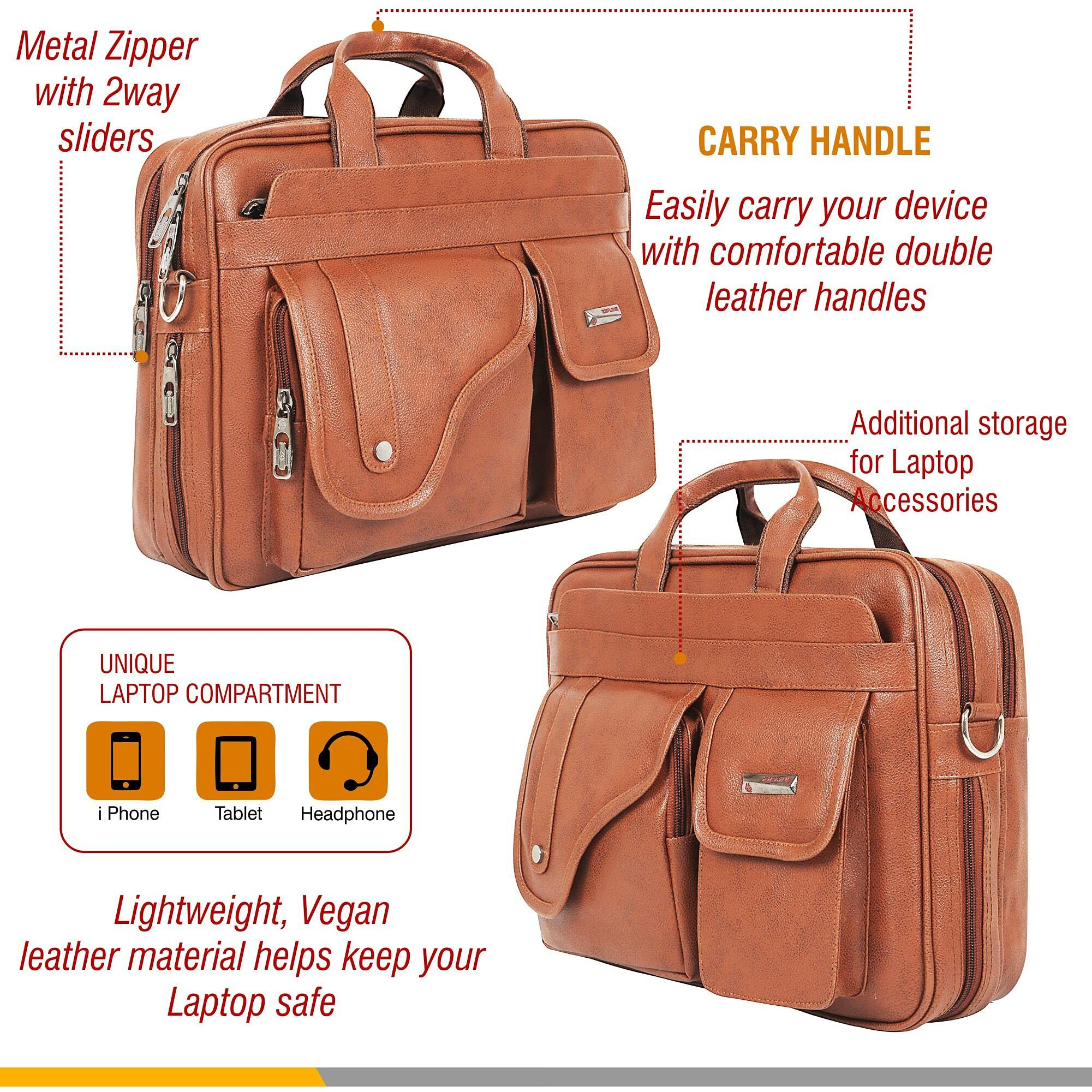 Zipline Office Synthetic Leather Laptop Bag For Men Women, 15.6" Compatible Laptop Messenger Bags For Men & Women (1-Tan Bag)