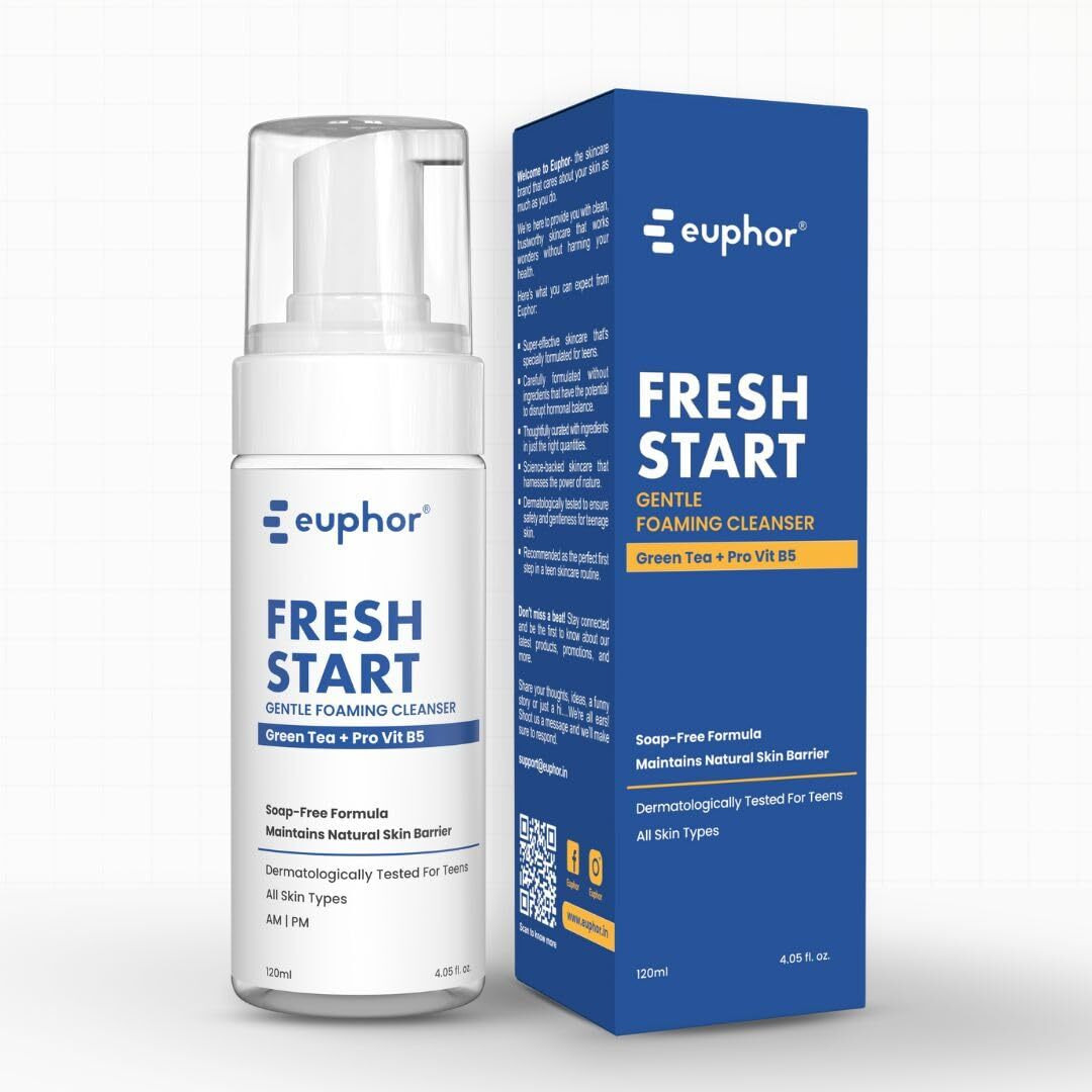 Euphor Teens | Gentle Foaming Face Wash | For Age 12+ | All Skin Types- Dry, Oily And Combination | Green Tea, Aloe Vera, Vitamin B3 | Gentle, Soap-Free, Sulphate-Free | Fresh Start Euphoria | 120Ml (1) | For Women And Men