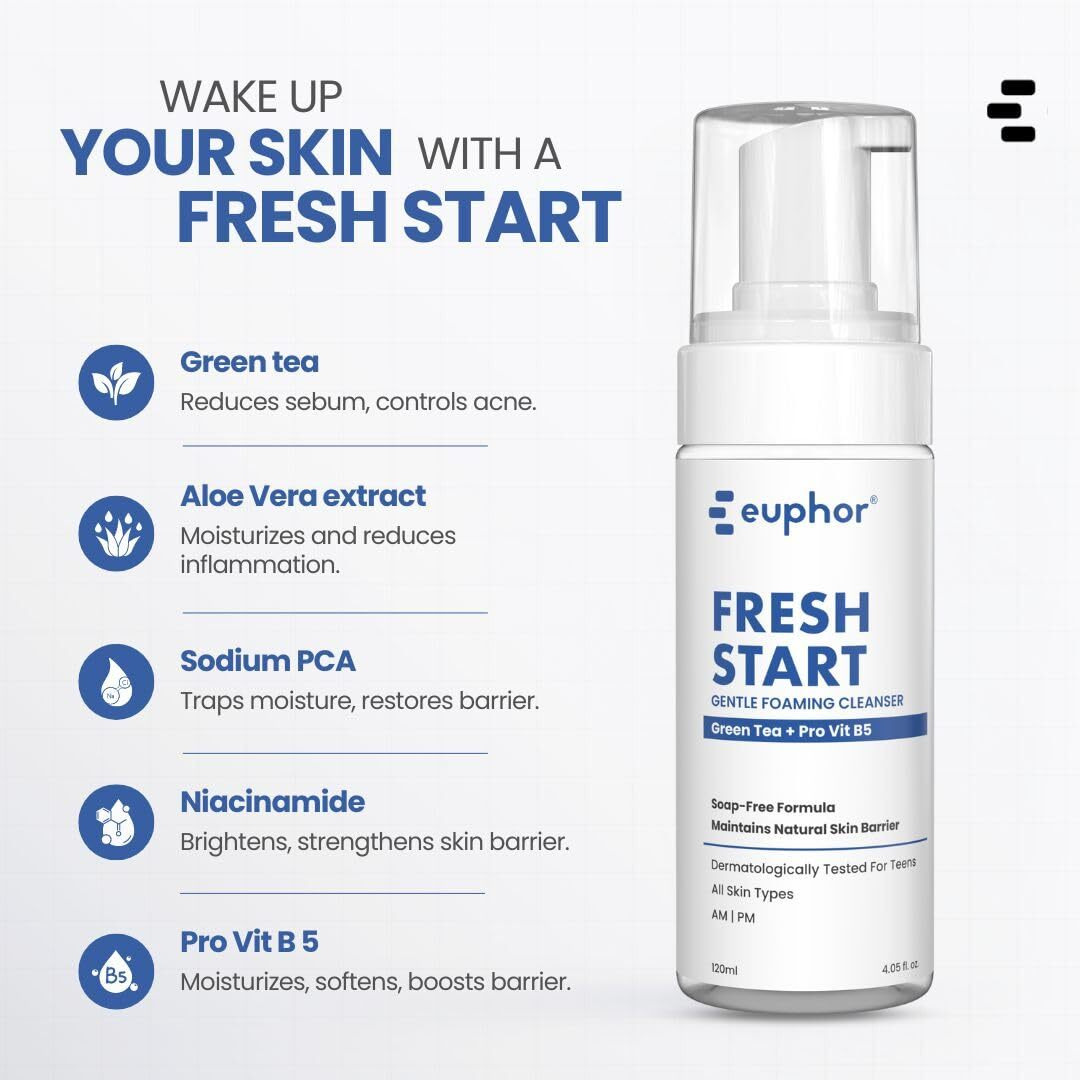 Euphor Teens | Gentle Foaming Face Wash | For Age 12+ | All Skin Types- Dry, Oily And Combination | Green Tea, Aloe Vera, Vitamin B3 | Gentle, Soap-Free, Sulphate-Free | Fresh Start Euphoria | 120Ml (1) | For Women And Men