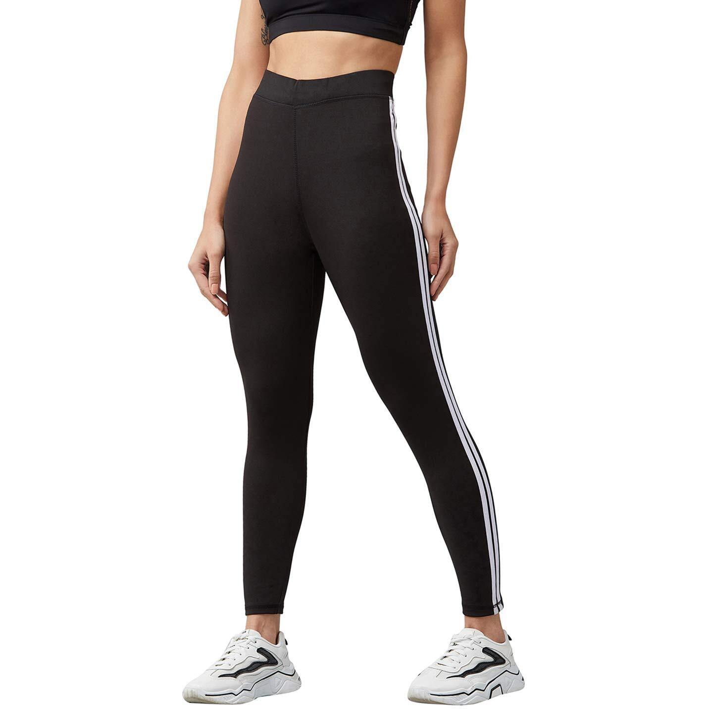 Blinkin Yoga Gym Workout Regular Fit Trackpants And Active Sports Fitness Highwaist Stripped High Rise Tights For Women|Girls(5550,Color_Black With White Stripes,Size_Large)