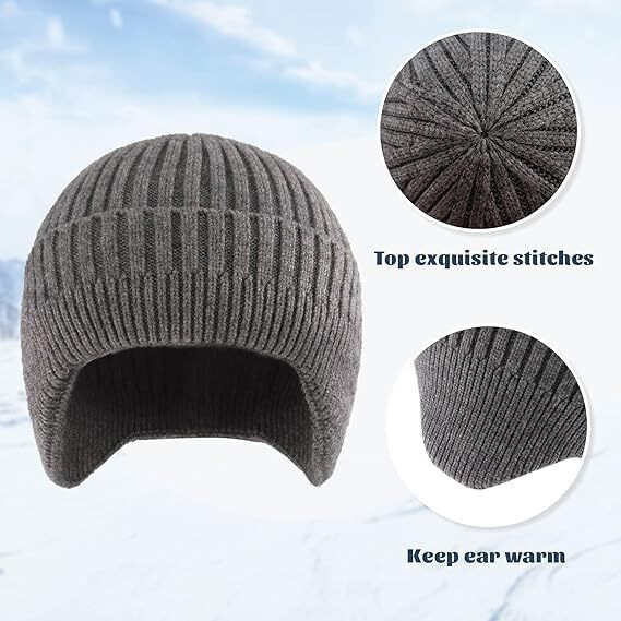 Gajraj Knit Beanie Hat For Men Women Winter Warm Earflap Soft Wool Slouchy Skull Cap With Ear Warmer Outdoor Sports Casual Woolen Hat (Grey Melange) Free Size