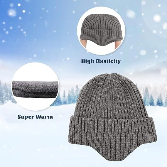 Gajraj Knit Beanie Hat For Men Women Winter Warm Earflap Soft Wool Slouchy Skull Cap With Ear Warmer Outdoor Sports Casual Woolen Hat (Grey Melange) Free Size
