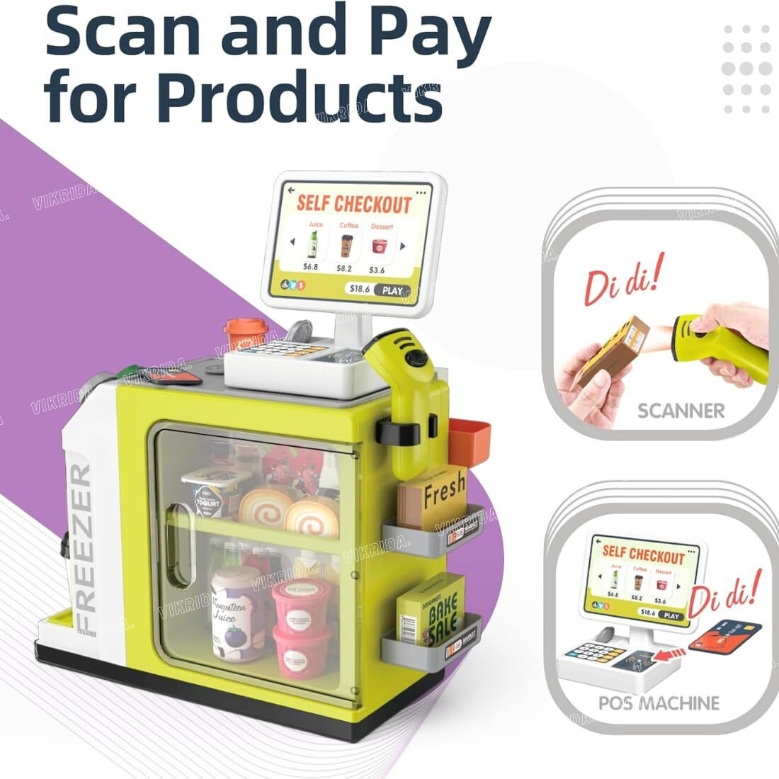 Vikrida 46-Piece Pretend Play Cash Register Toy Set With Water Outlet Function - Calculator, Shopping Bag, Scanners, Credit Cards, Coffee Machine, Play Food - Gift For Boys And Girls Ages 3+, Green