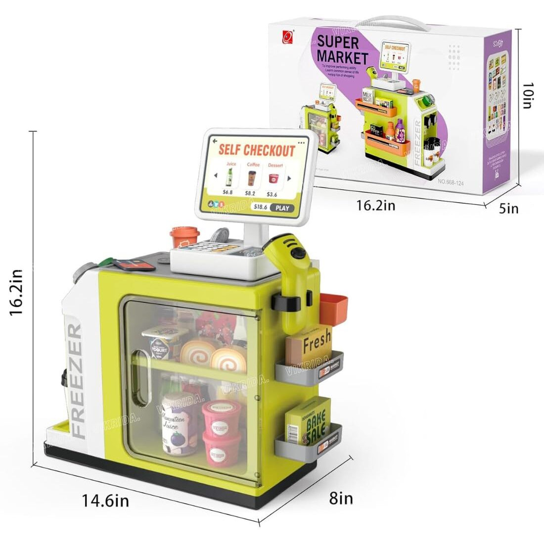 Vikrida 46-Piece Pretend Play Cash Register Toy Set With Water Outlet Function - Calculator, Shopping Bag, Scanners, Credit Cards, Coffee Machine, Play Food - Gift For Boys And Girls Ages 3+, Green