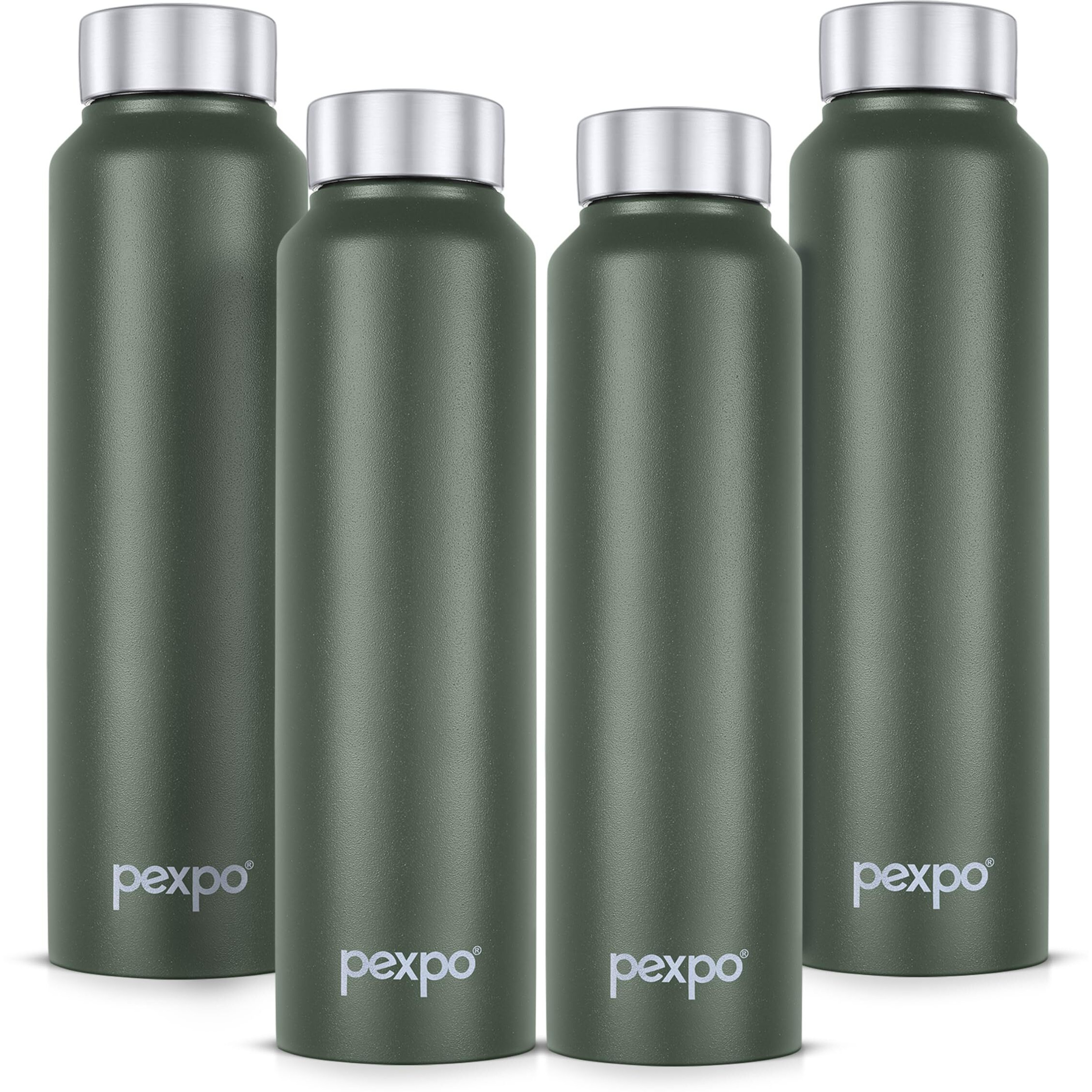Pexpo Chromo Stainless Steel Sports/Fridge Water Bottle 1 Litre, Military Green Pack Of 4 | Eco Friendly | Bpa Free | Water Bottle For Office, Gym, School, Yoga, Trekking, Men, Women And Kids