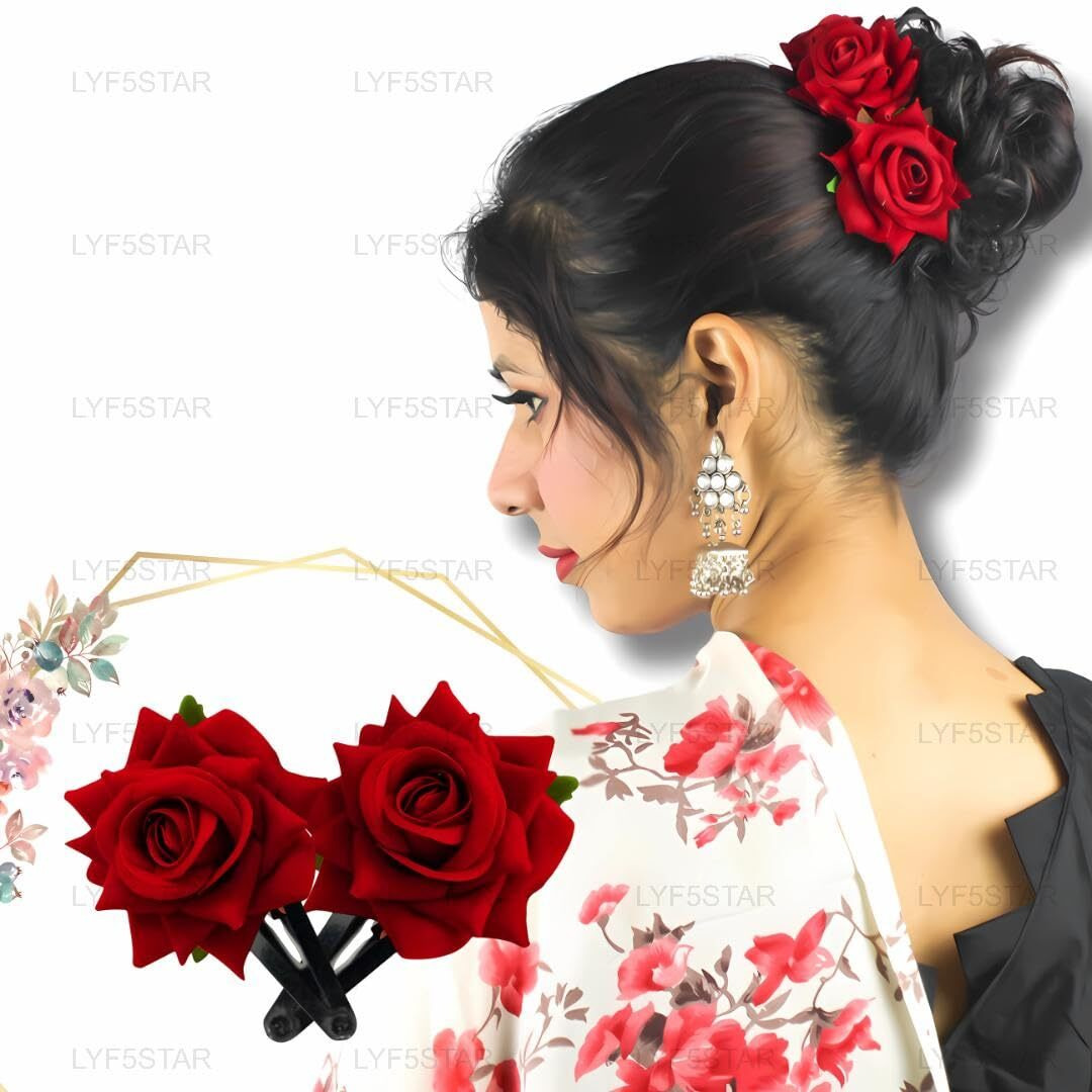 Lyf5Star Handmade Artificial Red Rose Flower Tiktok Hairpin | Bridal Hair Accessories | Artificial Red Rose Hair Pin | Stylish And Elegant Hair Accessories For Women & Girls | Pack Of 2