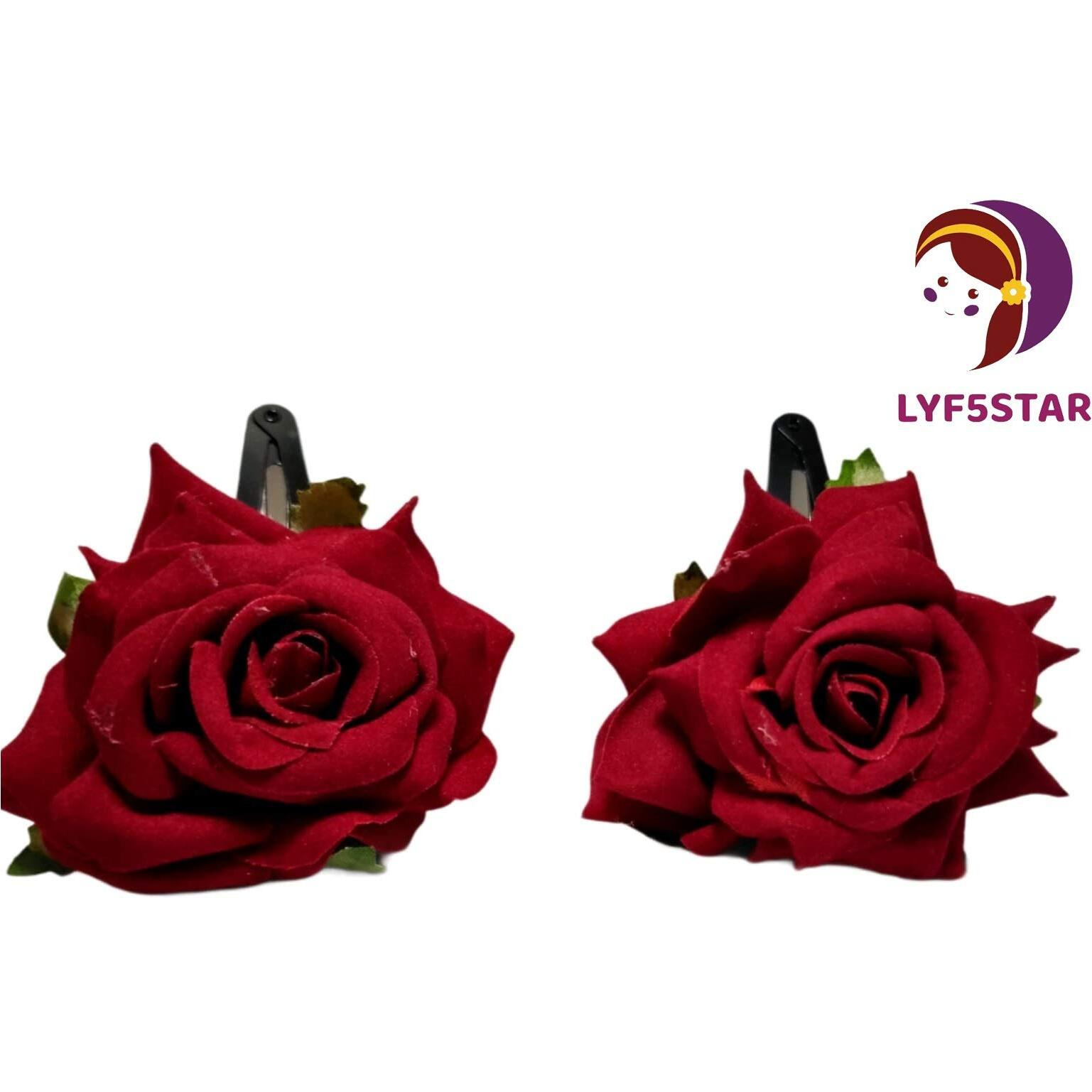 Lyf5Star Handmade Artificial Red Rose Flower Tiktok Hairpin | Bridal Hair Accessories | Artificial Red Rose Hair Pin | Stylish And Elegant Hair Accessories For Women & Girls | Pack Of 2