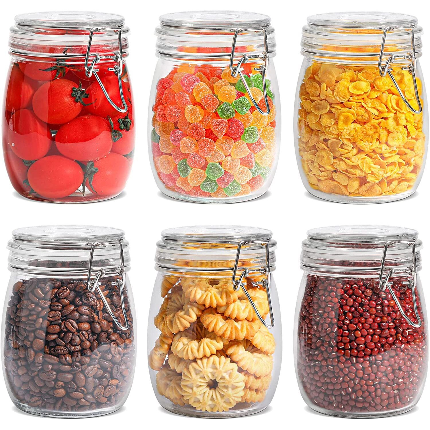 Hexoniq Airtight Glass Jar With Silicon Clamp Lids, Storage Container With Clear Preserving Seal Wire Clip Fastening For Kitchen Canning Cereal, Pasta, Sugar, Beans, Spices (Round, 750Ml, Pack Of 6)