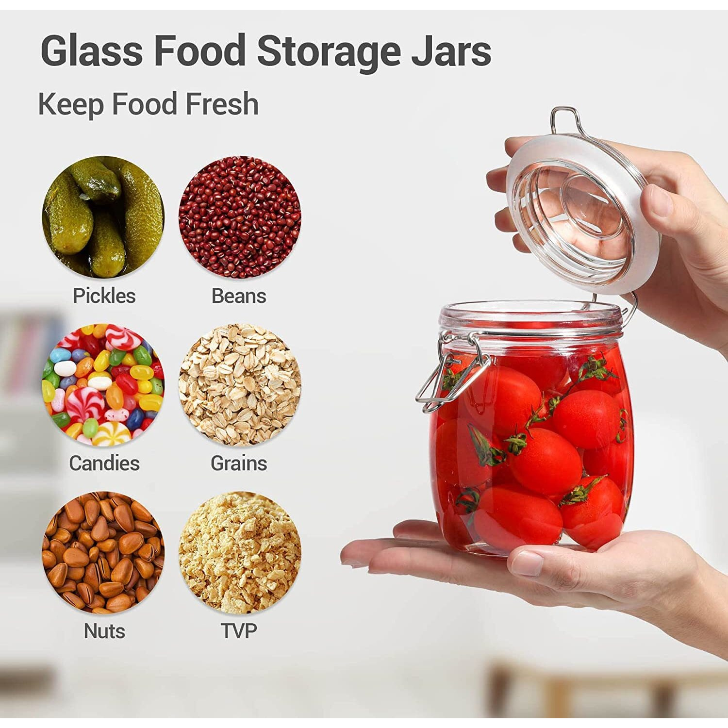 Hexoniq Airtight Glass Jar With Silicon Clamp Lids, Storage Container With Clear Preserving Seal Wire Clip Fastening For Kitchen Canning Cereal, Pasta, Sugar, Beans, Spices (Round, 750Ml, Pack Of 6)