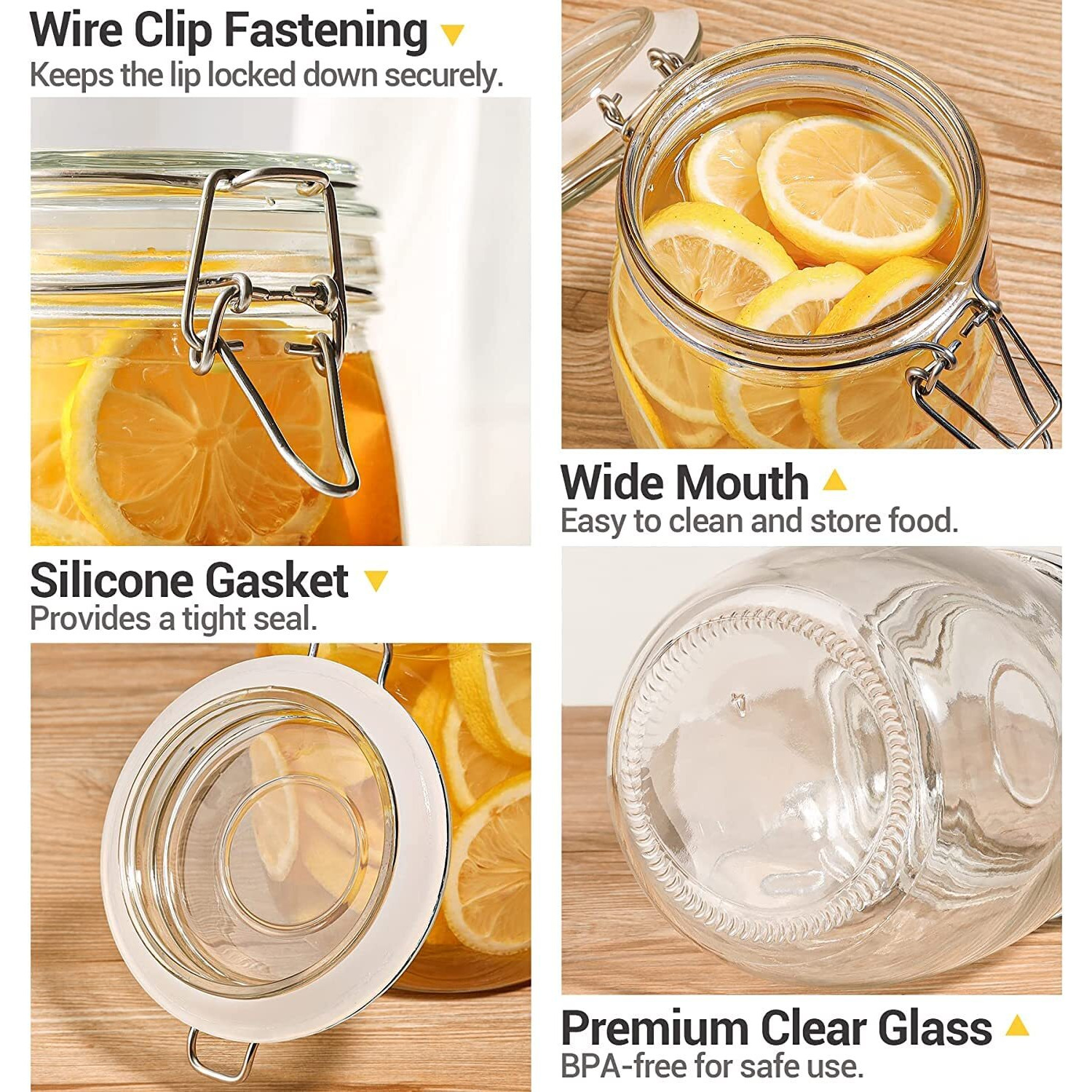 Hexoniq Airtight Glass Jar With Silicon Clamp Lids, Storage Container With Clear Preserving Seal Wire Clip Fastening For Kitchen Canning Cereal, Pasta, Sugar, Beans, Spices (Round, 750Ml, Pack Of 6)