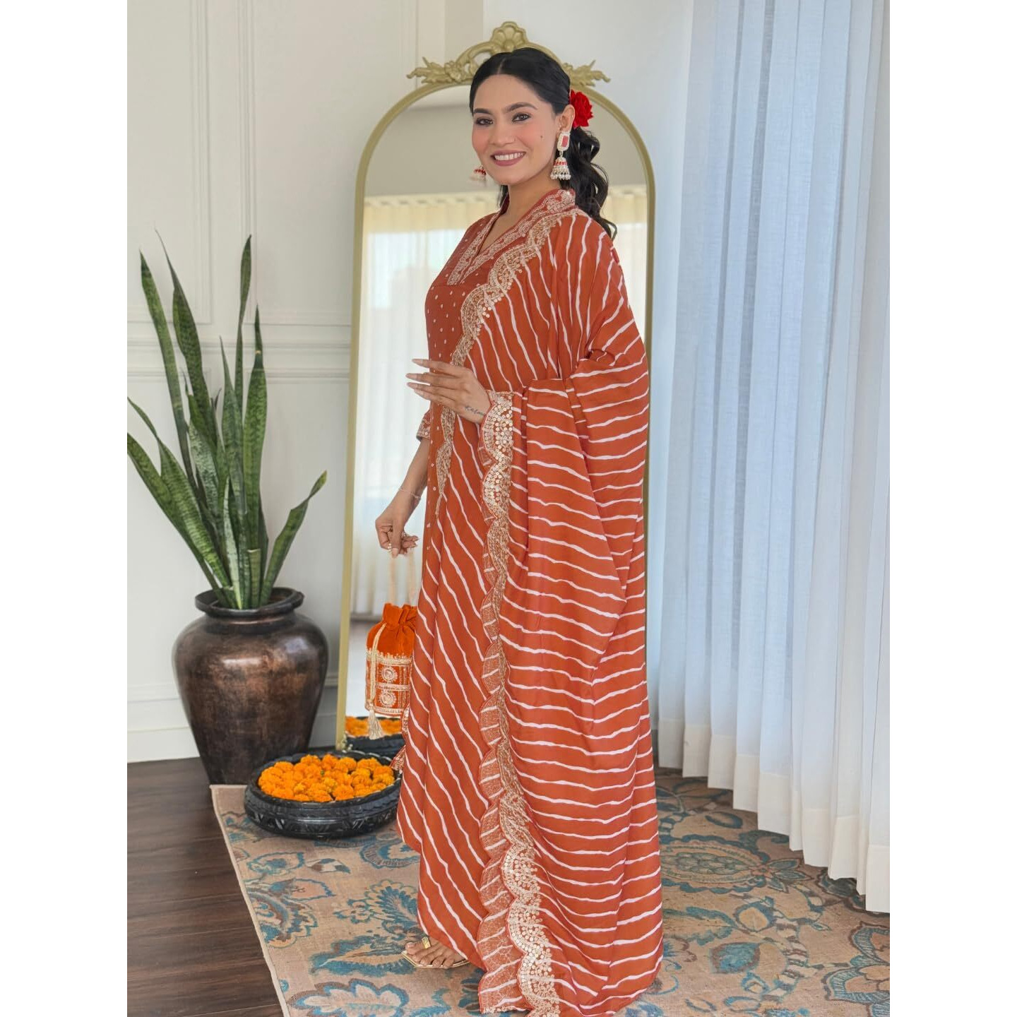 Naixa Women's Orange Vichitra Silk With Cotton Lining Embroidered Straight Kurta With Rayon Pant And Silk Blend Printed Dupatta Sets (Nx-470-Orange-L)