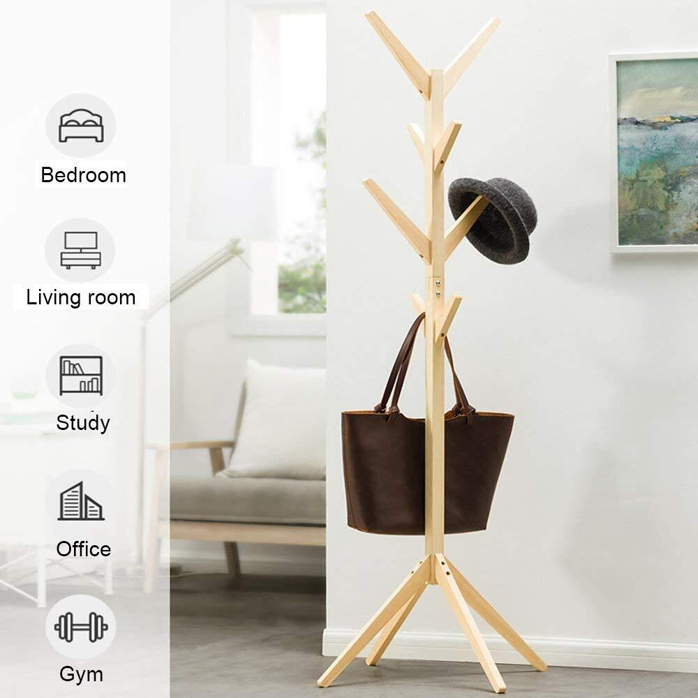 Leopax Beechwood Coat Racks Stand With 8 Hooks|Free Standing V Shape Coat Rack Stand|Hanger Stand For Coats, Hats, Scarves, Clothes, And Handbags|Assorted Color, 1 Piece, 45 X 45 X 175 Cm
