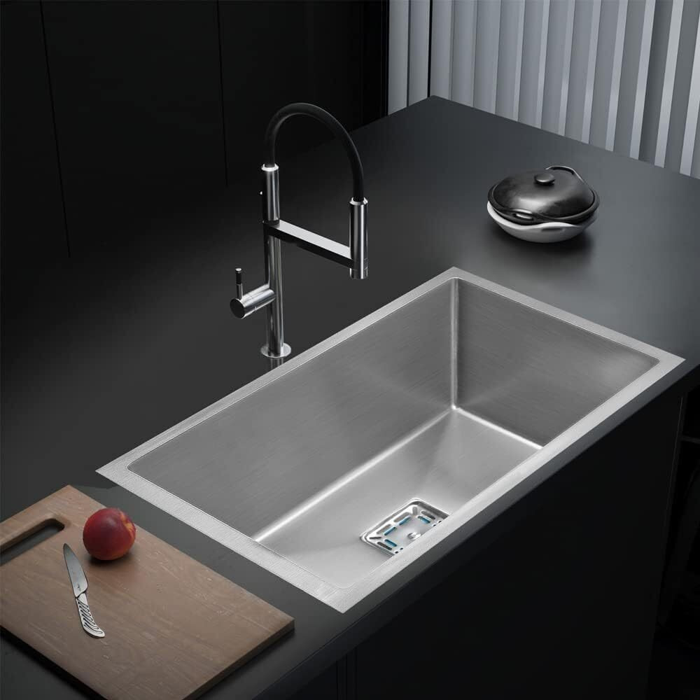 Evanex 27 X 18 X 10 Inches Handmade Matt Finish Single Bowl 304 Grade Stainless Steel Kitchen Sink/Sink For Kitchen With Square Drainer And Ss Fruit Basket