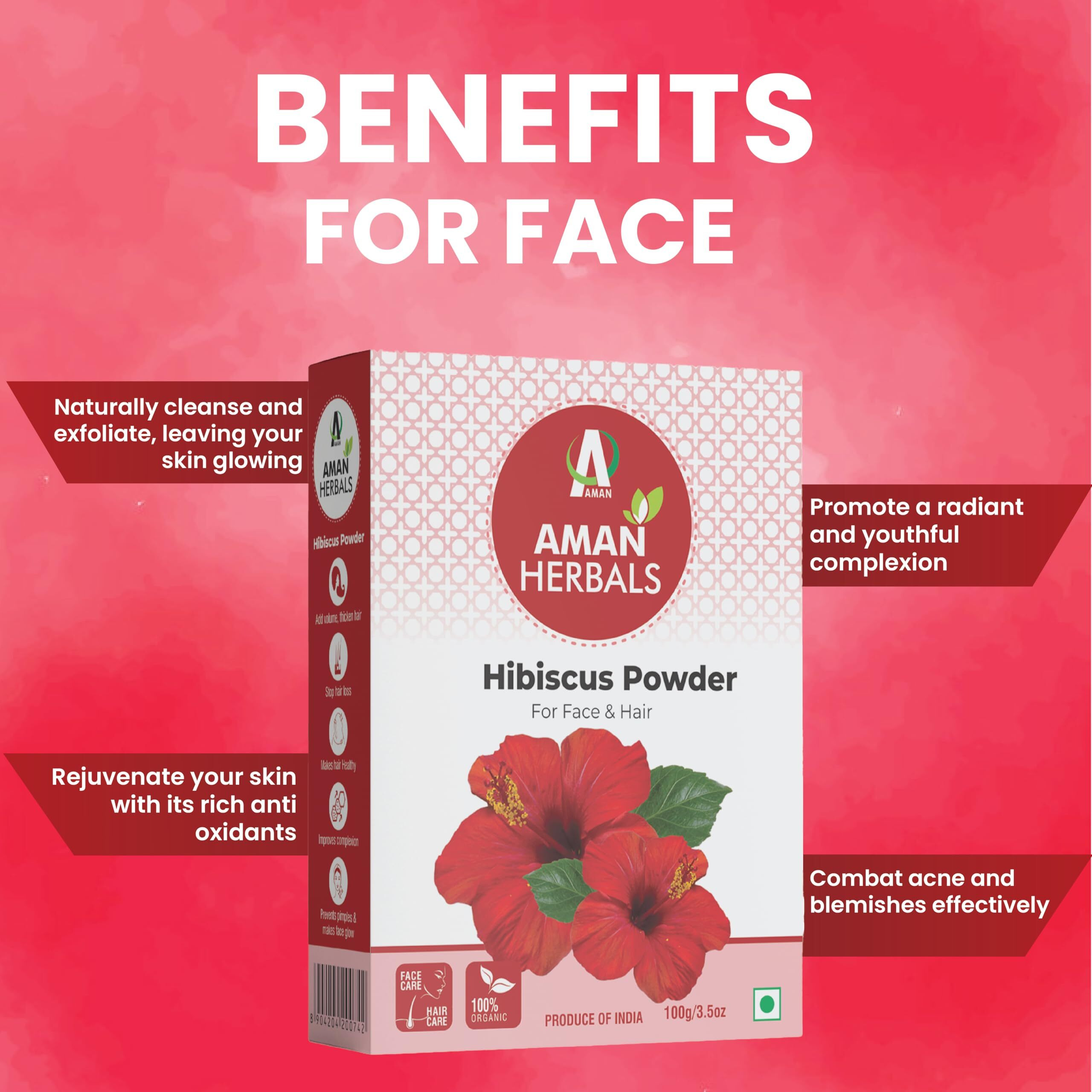 Aman Herbals - Hibiscus Powder For Hair Growth, Suitable For Hair Pack, Hair Oil, Face Pack, And Hibiscus Tea, (100 Gms)