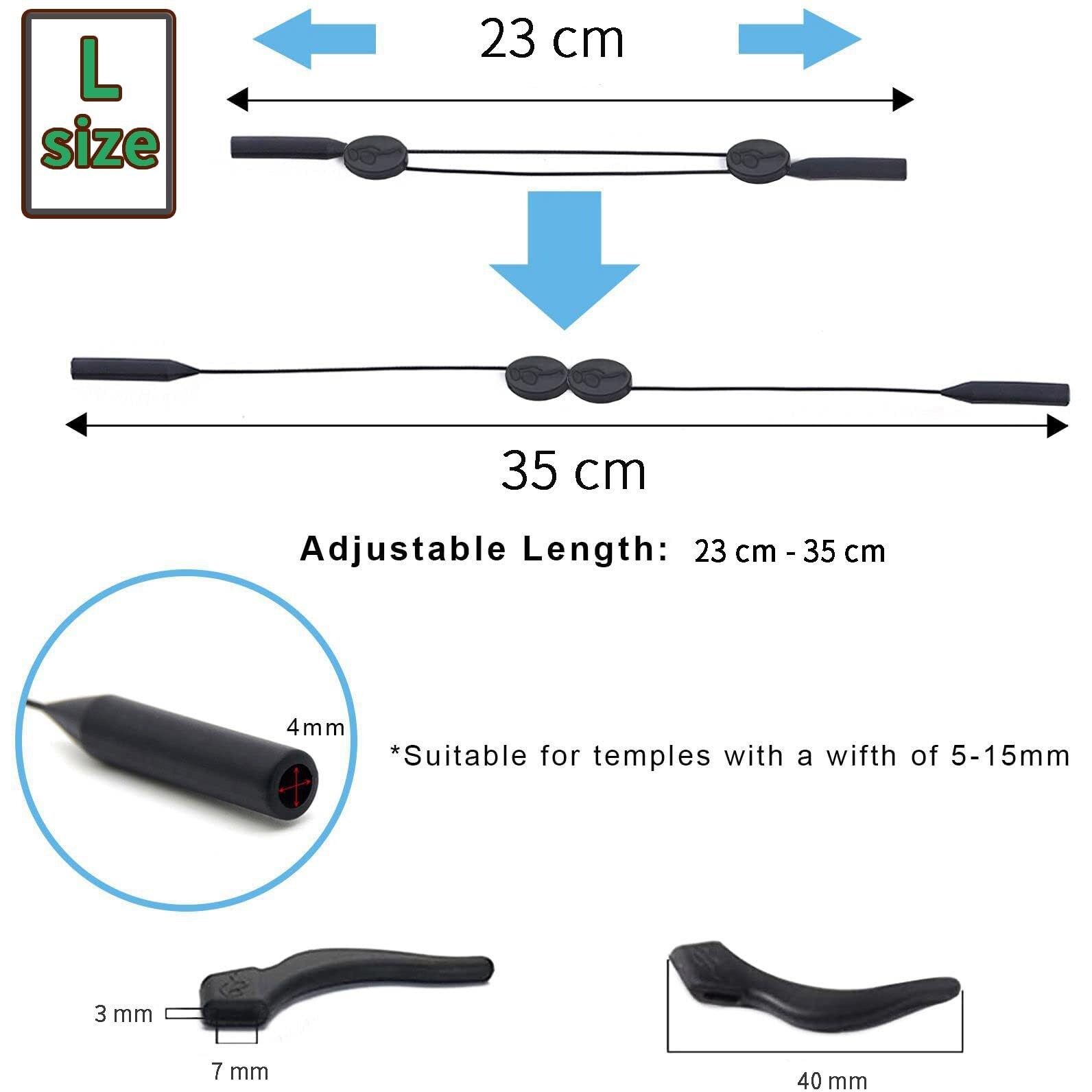 Adjustable Eyeglass Strap With Eyeglass Ear Grip Sunglass Strap Anti-Slip Eyewear String Holder Sports Sunglasses Chain With Silicone Ear Hook For Glasses Sunglasses (Small)