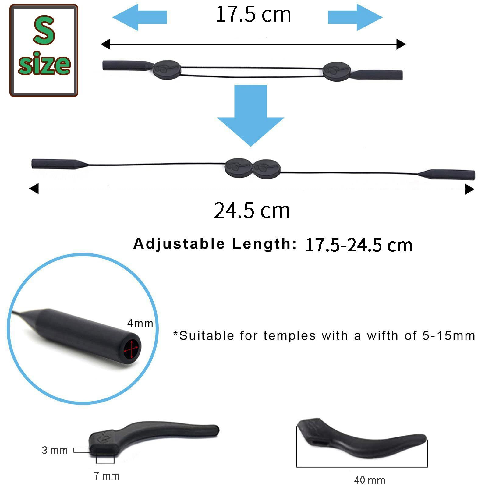 Adjustable Eyeglass Strap With Eyeglass Ear Grip Sunglass Strap Anti-Slip Eyewear String Holder Sports Sunglasses Chain With Silicone Ear Hook For Glasses Sunglasses (Small)