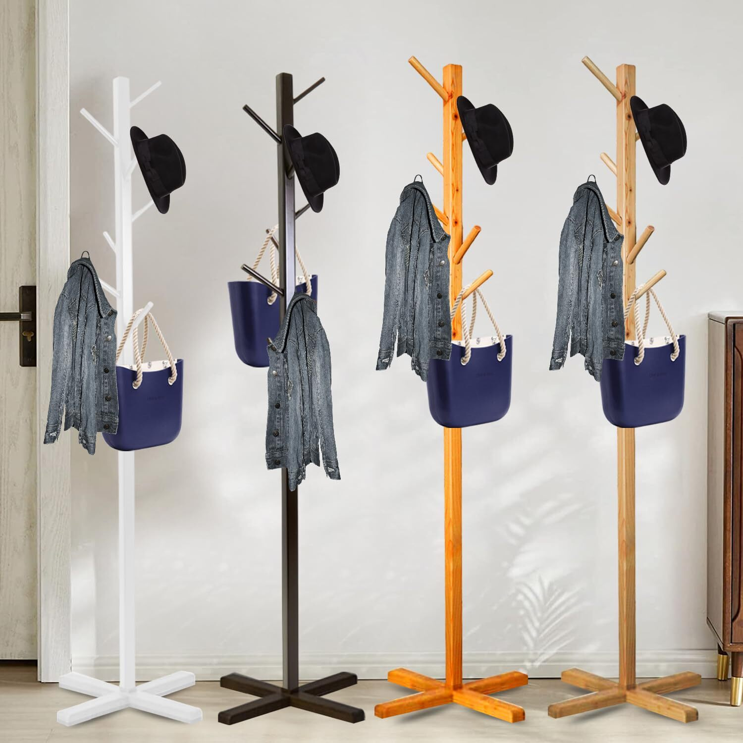 Leopax Bamboo Coat Hanger|Free Standing Tree Shaped Coat Stand With 8 Hooks For Hanging Coats, Hats, Bag|Cloth Stand For Bedroom&Living Room|Assorted Color, 1 Piece (50 X 50 X 151Cm)
