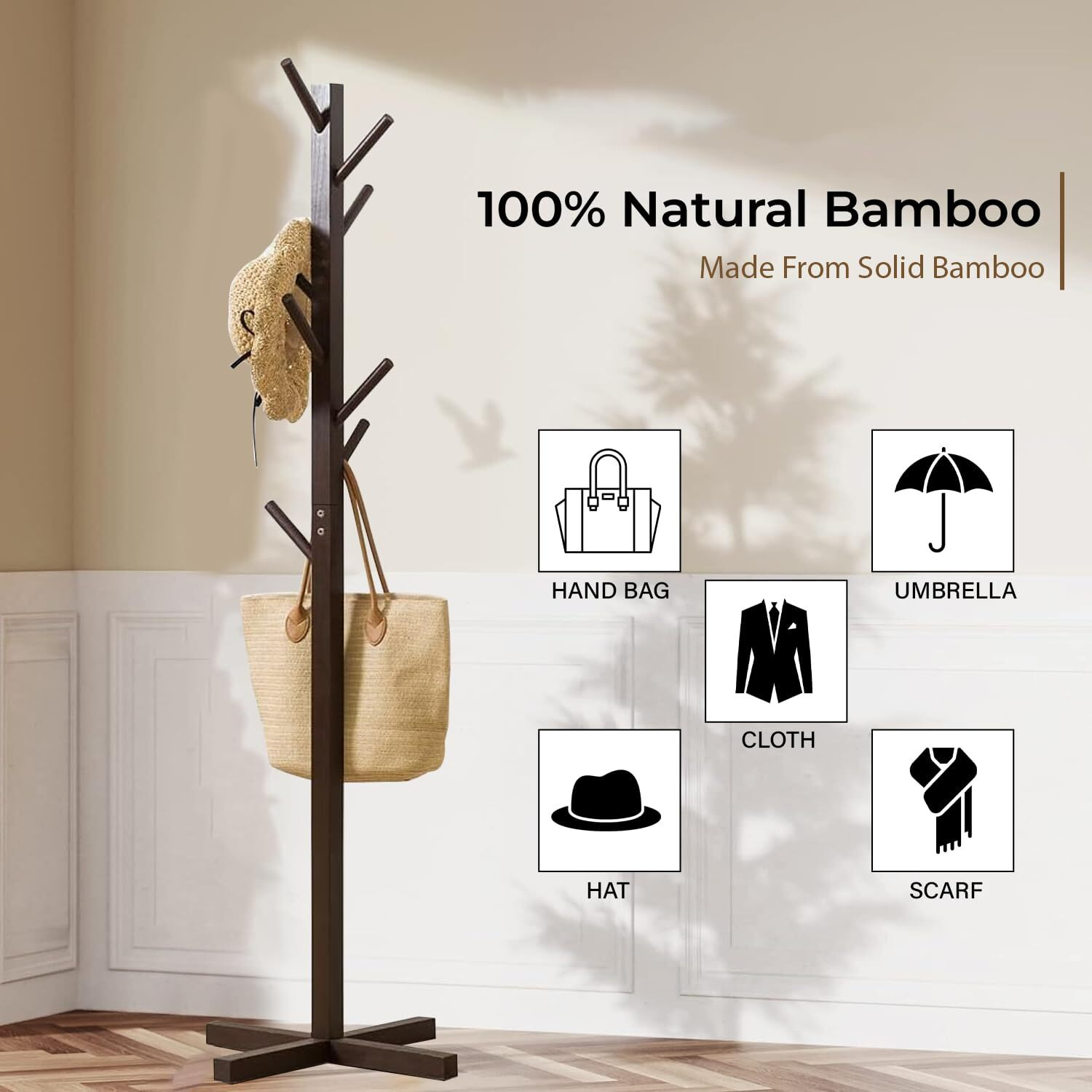 Leopax Bamboo Coat Hanger|Free Standing Tree Shaped Coat Stand With 8 Hooks For Hanging Coats, Hats, Bag|Cloth Stand For Bedroom&Living Room|Assorted Color, 1 Piece (50 X 50 X 151Cm)