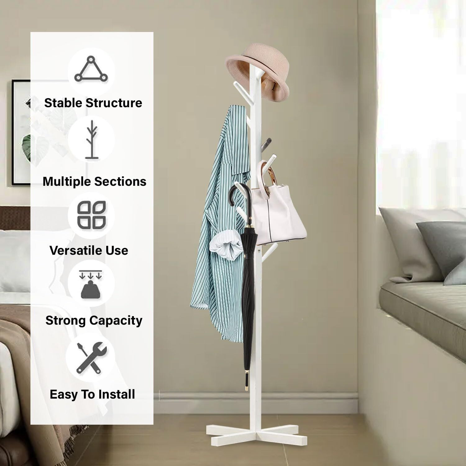 Leopax Bamboo Coat Hanger|Free Standing Tree Shaped Coat Stand With 8 Hooks For Hanging Coats, Hats, Bag|Cloth Stand For Bedroom&Living Room|Assorted Color, 1 Piece (50 X 50 X 151Cm)