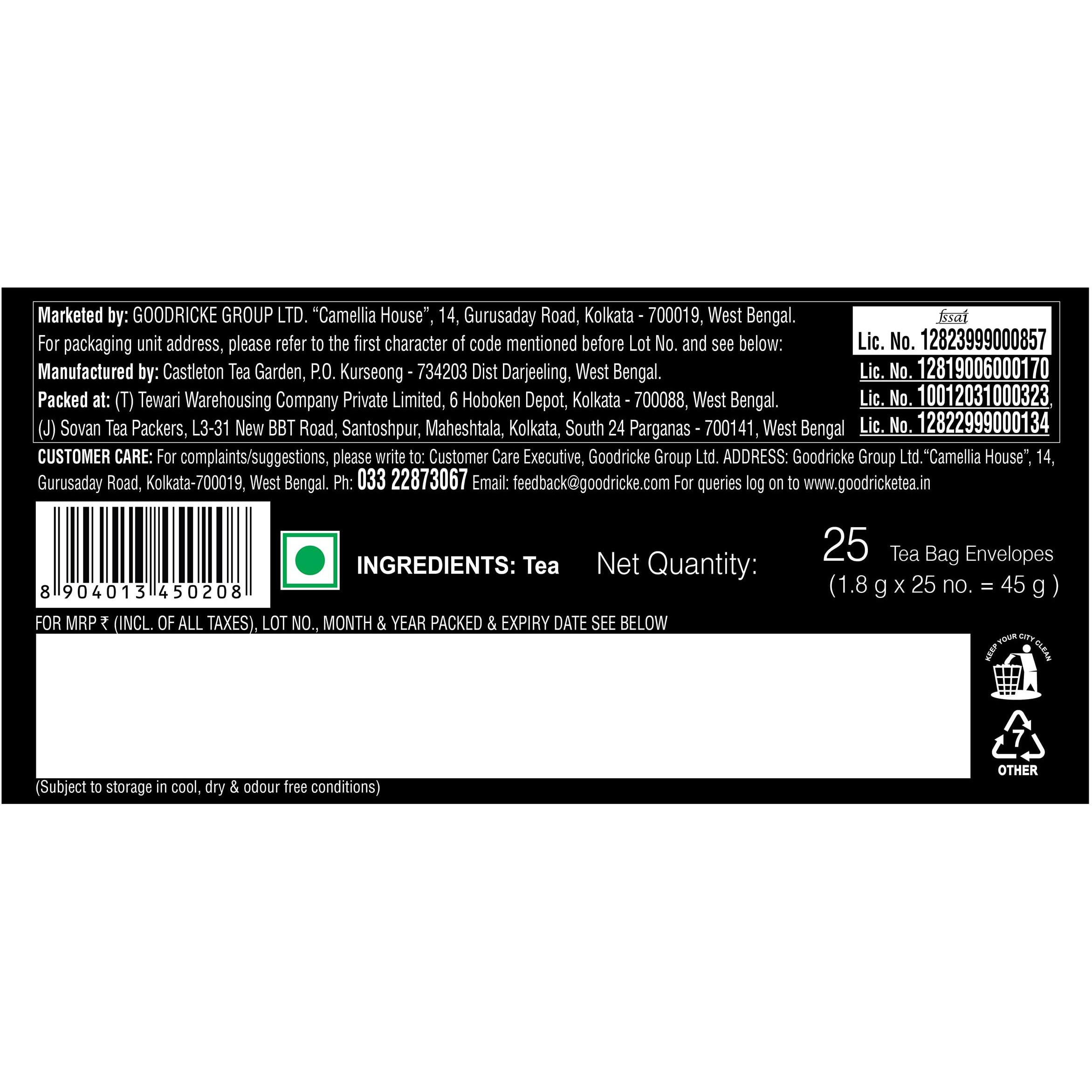 Goodricke Castleton Vintage Darjeeling Tea Bags - 25 Teabags (Pack Of 1) | Single Estate Whole Leaf Chai | 100% Organic & Natural Tea | Premium Black Tea With Rich Taste & Aroma