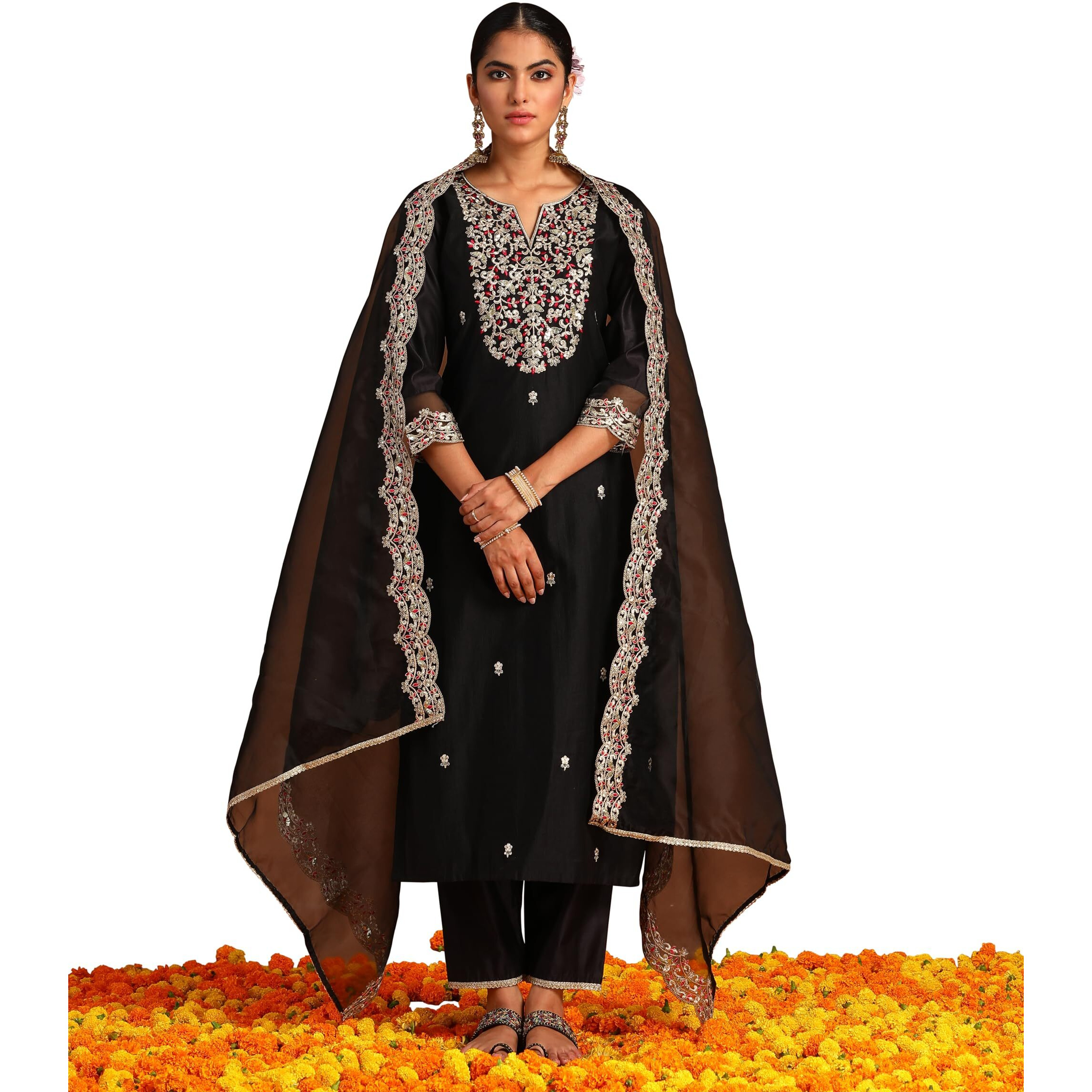 Indo Era Women's Embroidered Viscose Calf Length Straight Kurta And Pant With Dupatta Set (Kh1Bk9419_X-Small)