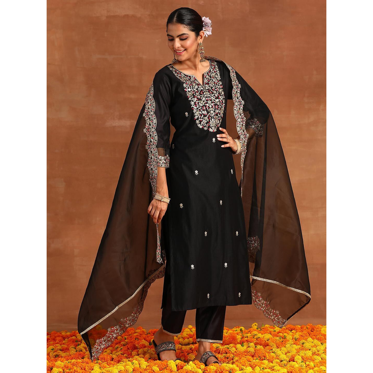 Indo Era Women's Embroidered Viscose Calf Length Straight Kurta And Pant With Dupatta Set (Kh1Bk9419_X-Small)