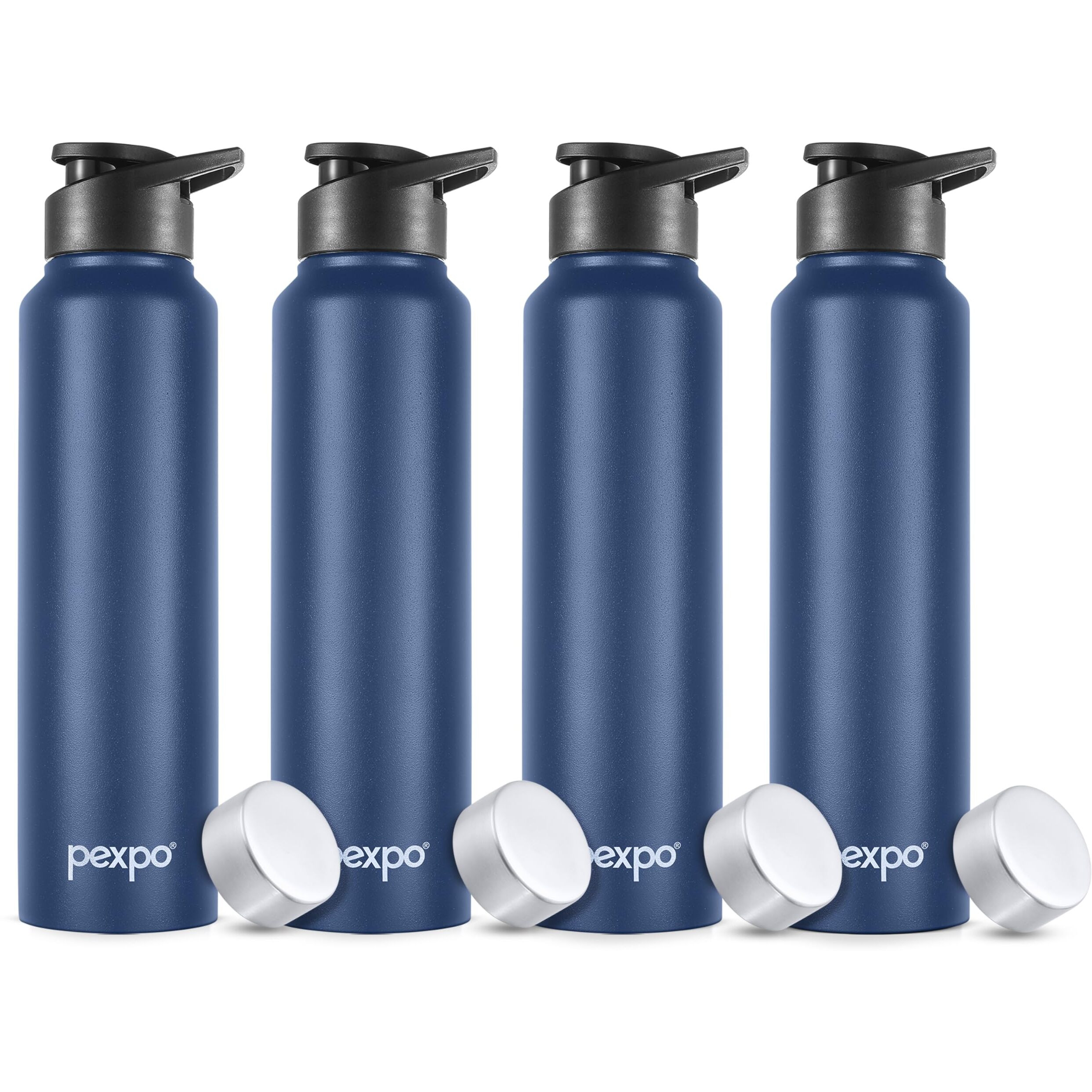 Pexpo Chromo Stainless Steel Sports/Fridge Water Bottle With Sipper & Steel Cap, 1 L, Denim Blue Pack Of 4|Eco Friendly|Bpa Free|Water Bottle For Office, Gym, School, Yoga, Trekking, Adults & Kids