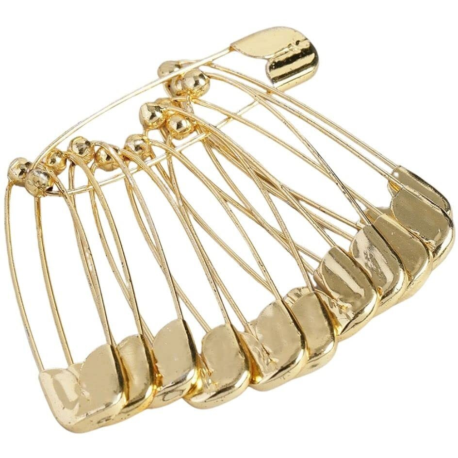 Accessher Gold Plated Shiny Stainless Steel Material Safety Pins/Metallic Saree Pins/Hijab Pins With Secured Closure For Women And Girls Pack Of 12 Pcs.