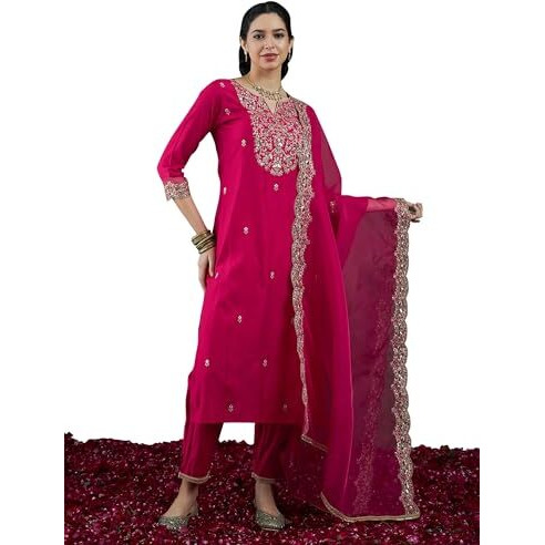 Indo Era Women's Viscose Embroidered Straight Kurta And Pant With Dupatta Set (Kh1Pk9581_Medium)
