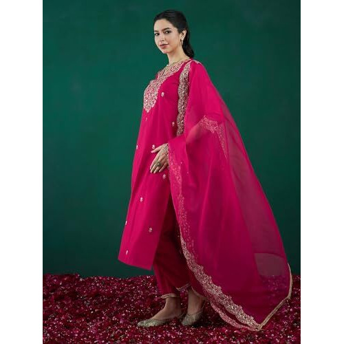 Indo Era Women's Viscose Embroidered Straight Kurta And Pant With Dupatta Set (Kh1Pk9581_Medium)