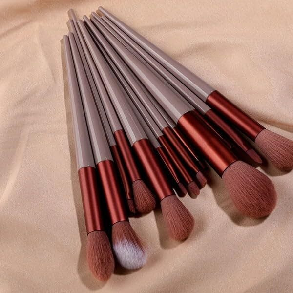 Hudacrush Beauty Premium Synthetic Bristle Professional Face And Eye Makeup Brushes Set With 13 Makeup Brushes | For Cream, Liquid And Powder (Coffee Brown)